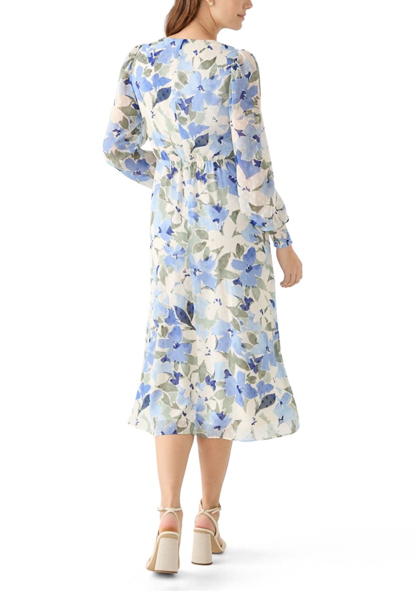 Womens Floral Print Clip Dot Long Sleeve Surplice Midi Dress
