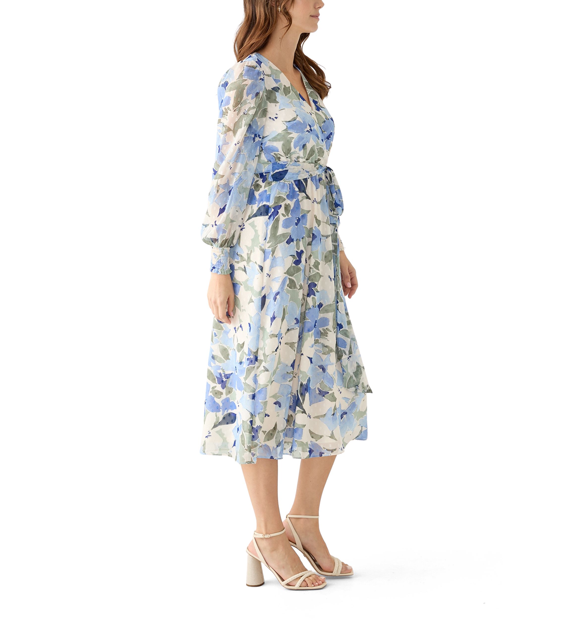 Womens Floral Print Clip Dot Long Sleeve Surplice Midi Dress
