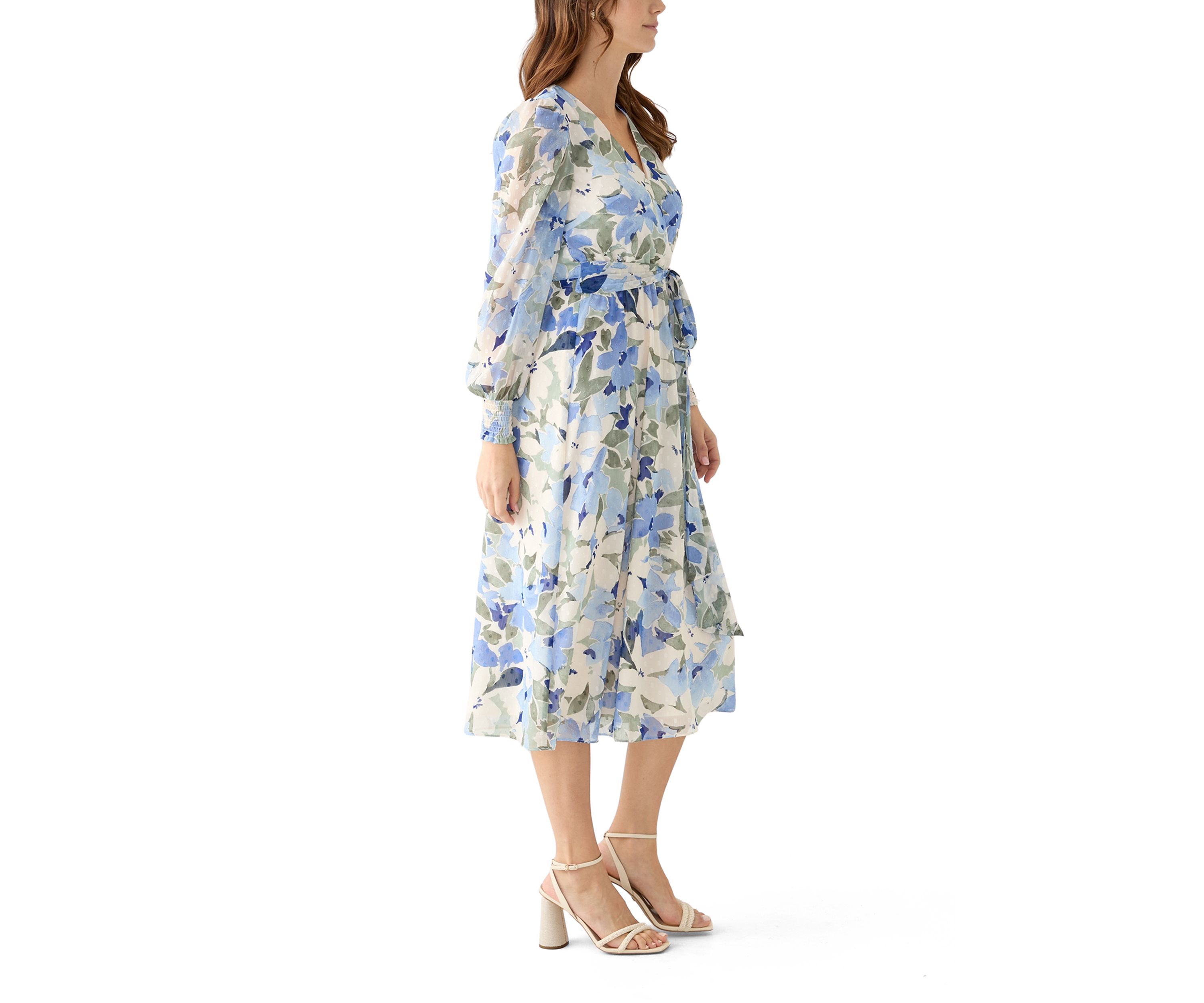 Womens Floral Print Clip Dot Long Sleeve Surplice Midi Dress