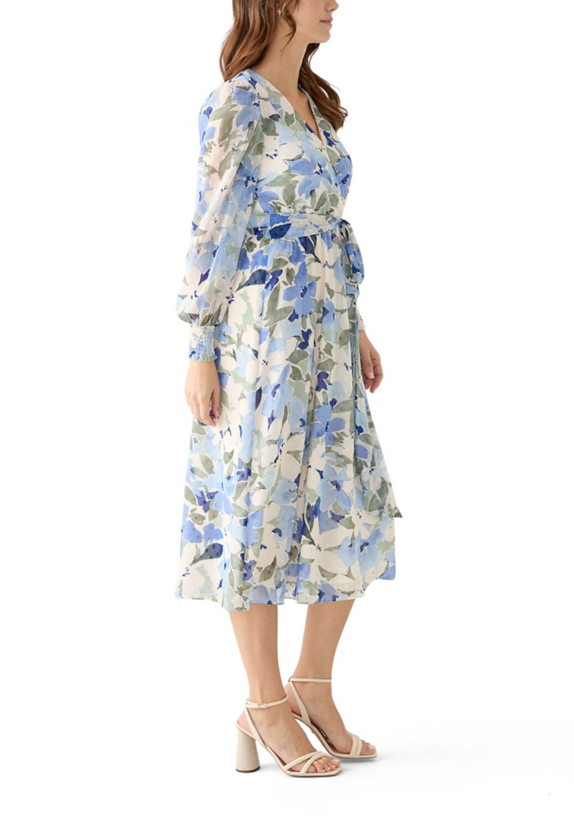 Womens Floral Print Clip Dot Long Sleeve Surplice Midi Dress