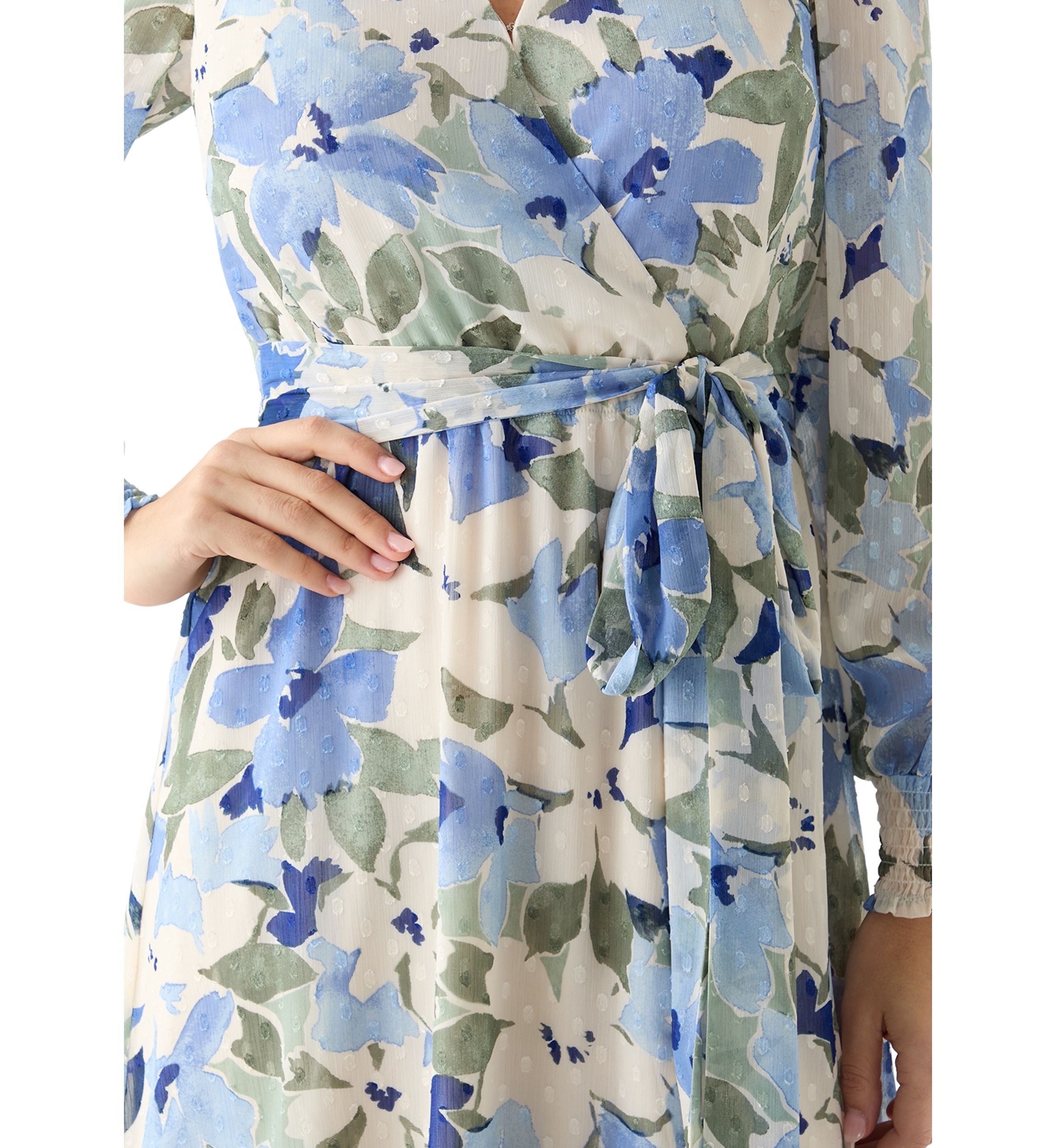 Womens Floral Print Clip Dot Long Sleeve Surplice Midi Dress