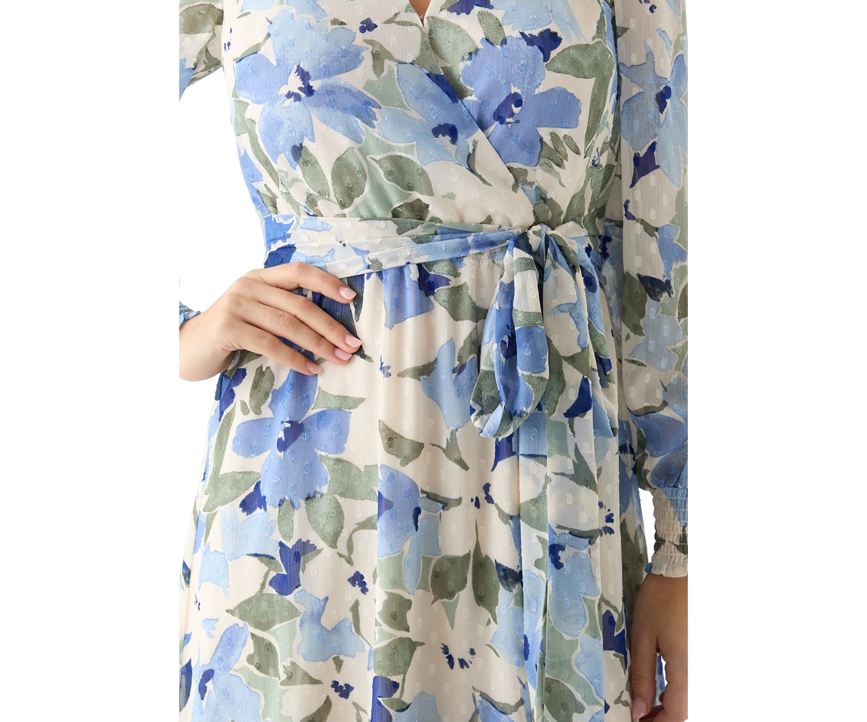 Womens Floral Print Clip Dot Long Sleeve Surplice Midi Dress