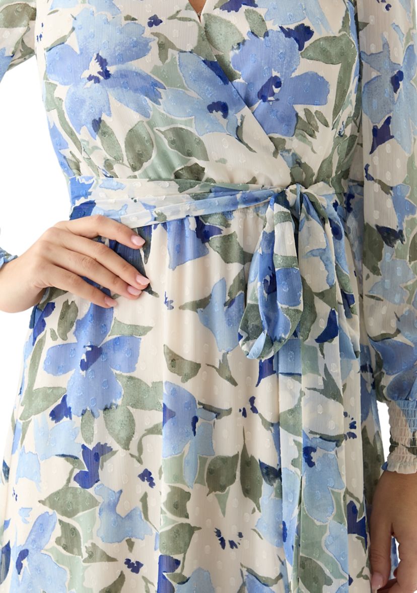 Womens Floral Print Clip Dot Long Sleeve Surplice Midi Dress
