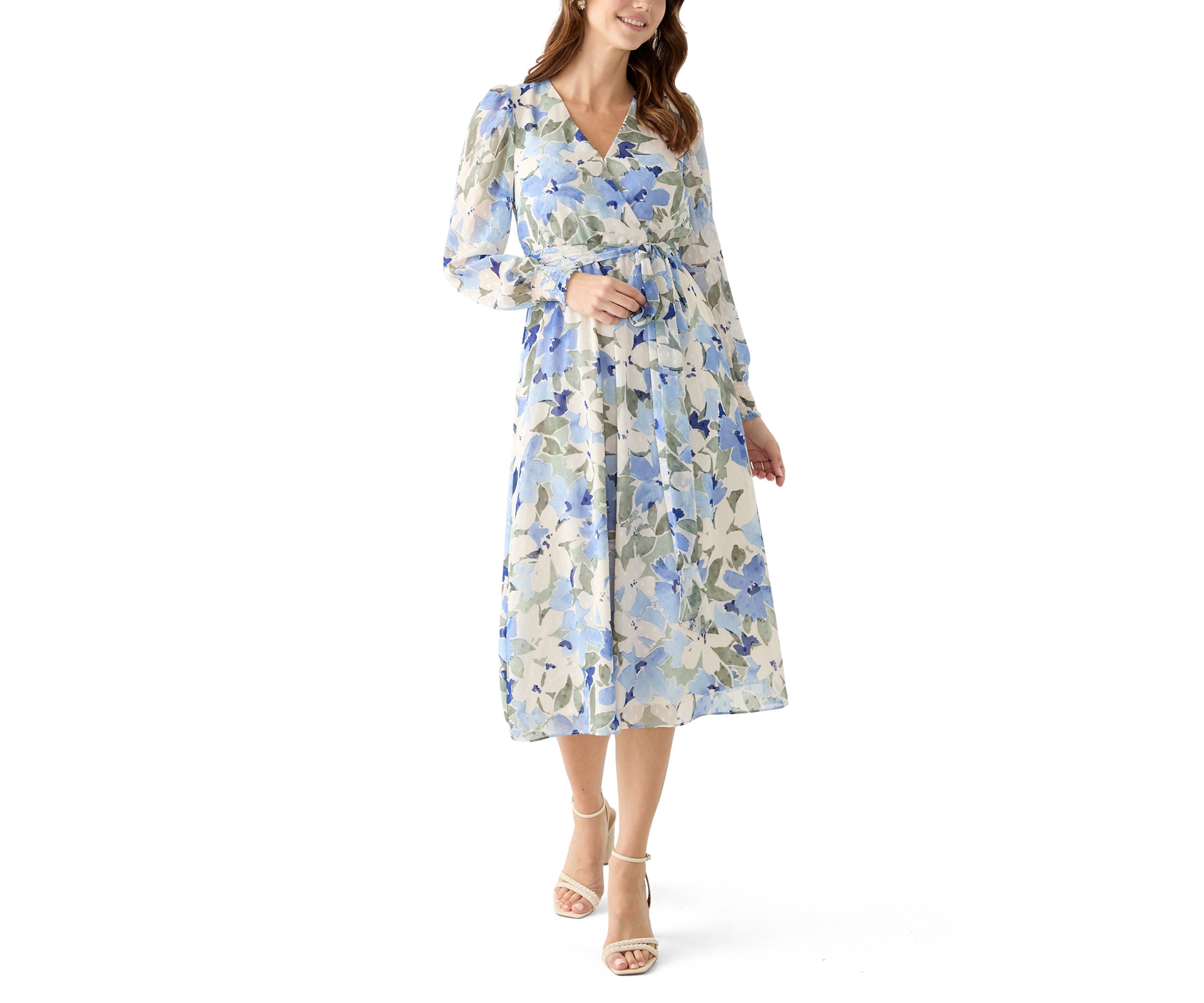 Petite Floral Print Clip Dot Long Sleeve Surplice Midi Dress 