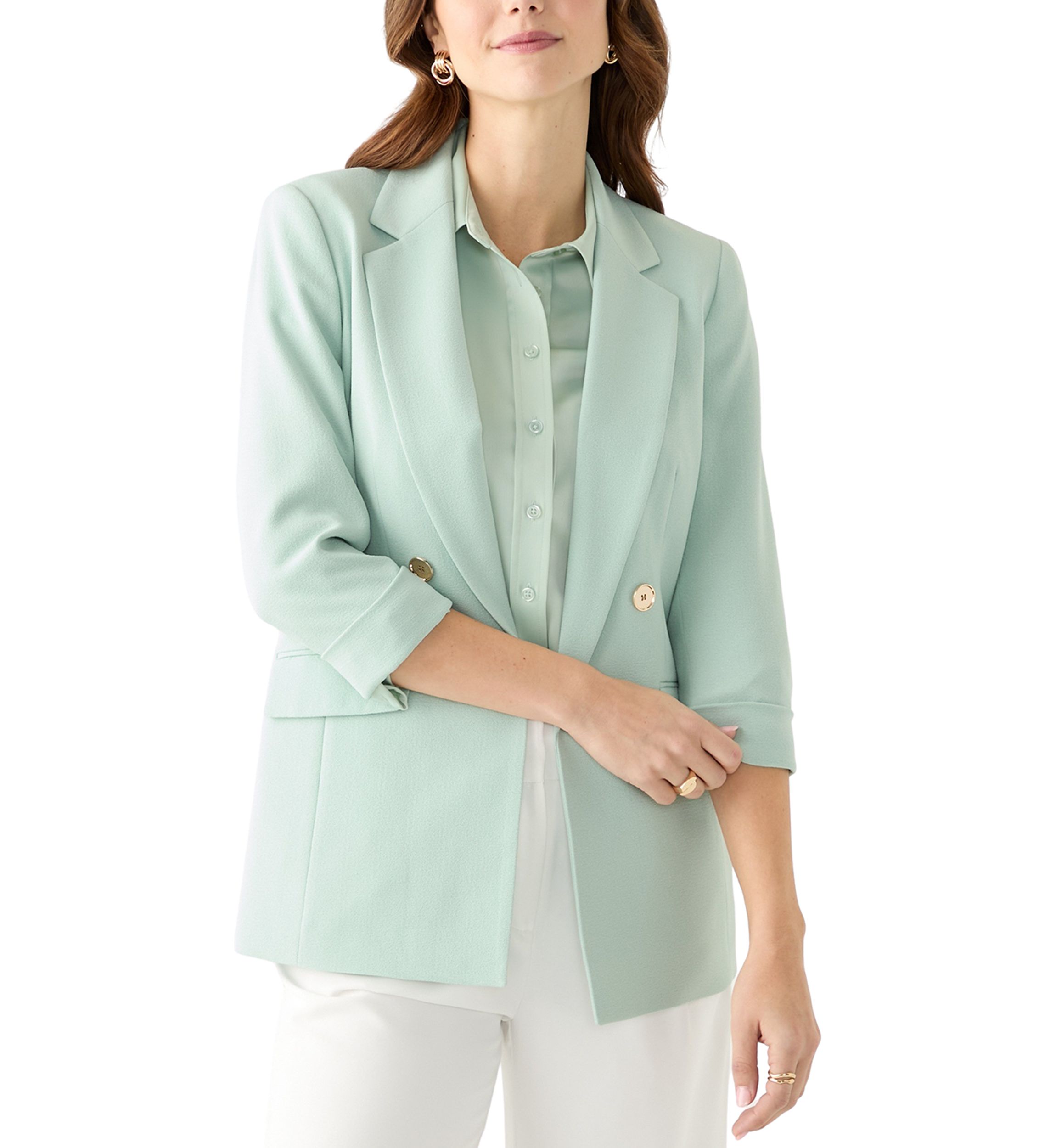 Womens Crepe Cuff Sleeve Faux Double Breasted Jacket