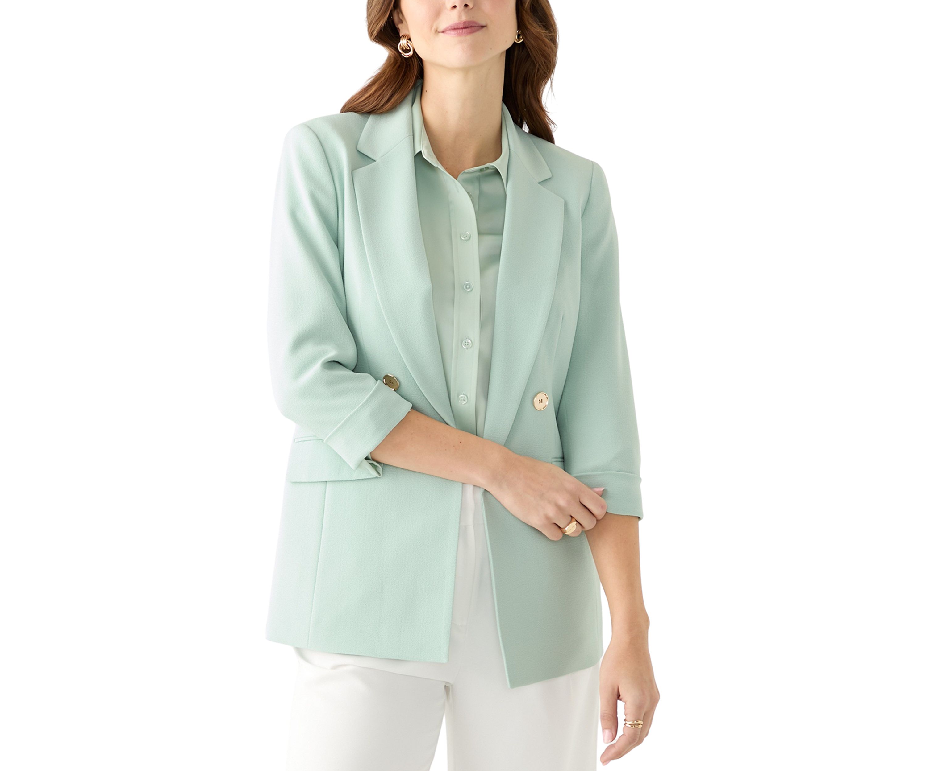 Womens Crepe Cuff Sleeve Faux Double Breasted Jacket