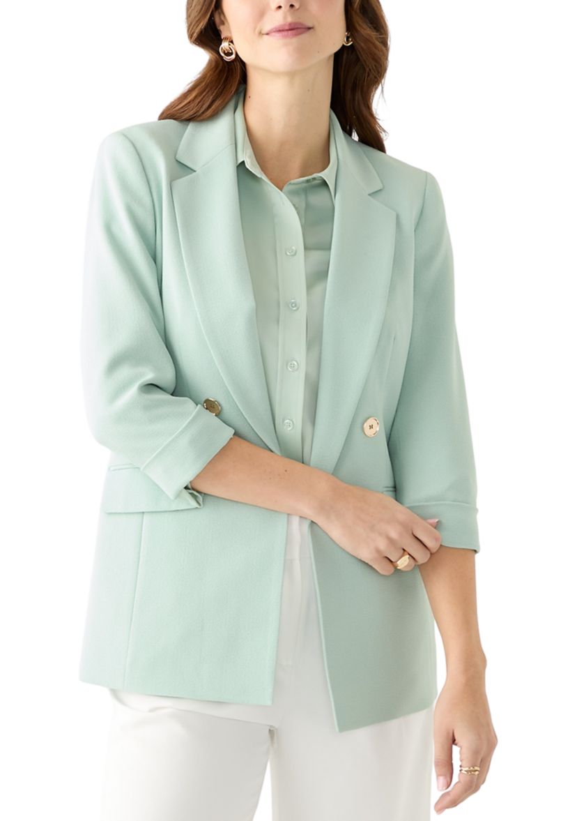 Womens Crepe Cuff Sleeve Faux Double Breasted Jacket