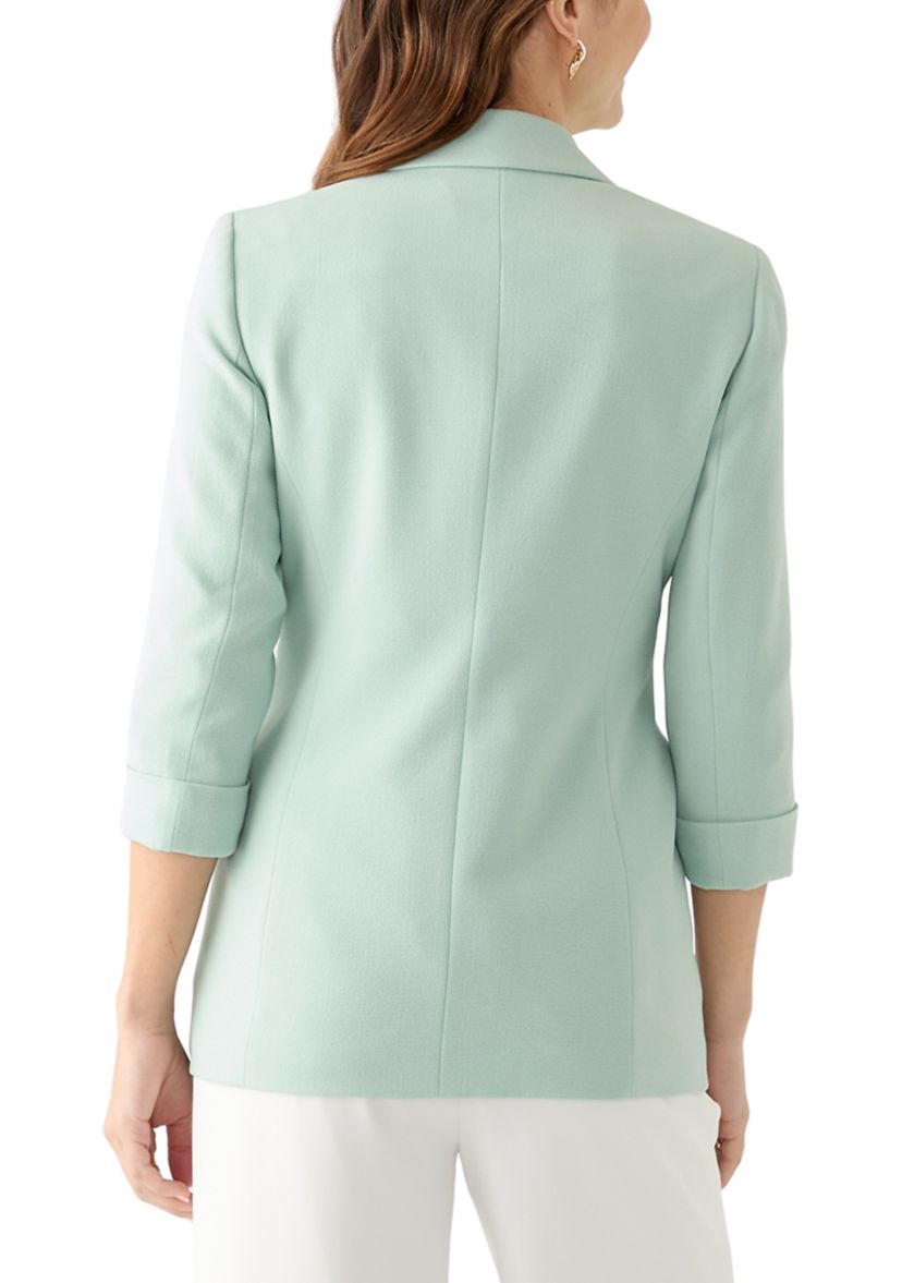 Womens Crepe Cuff Sleeve Faux Double Breasted Jacket