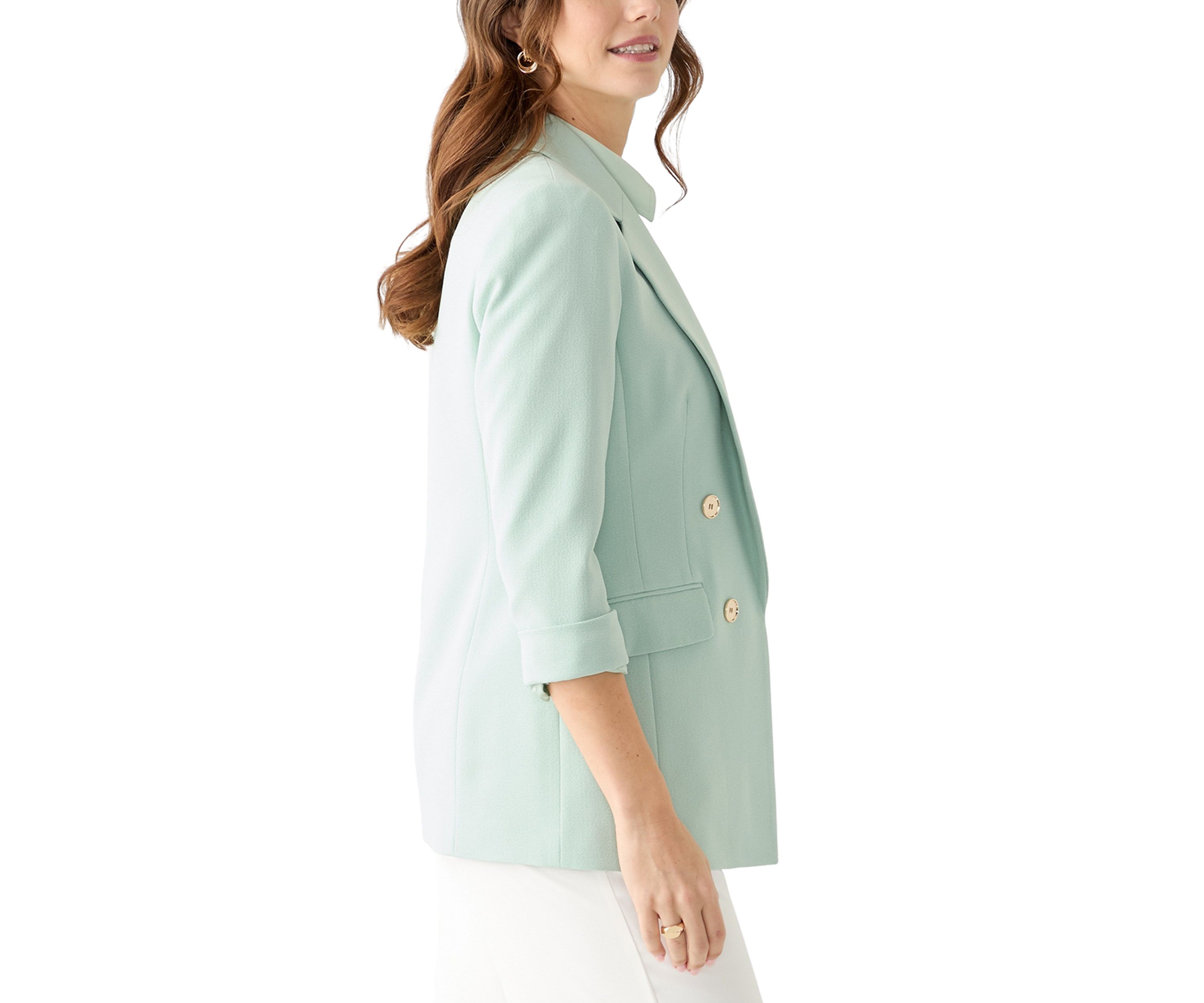 Womens Crepe Cuff Sleeve Faux Double Breasted Jacket
