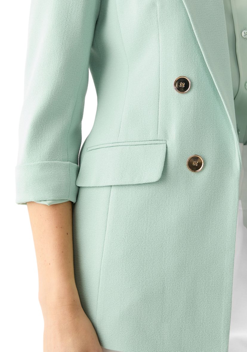 Womens Crepe Cuff Sleeve Faux Double Breasted Jacket