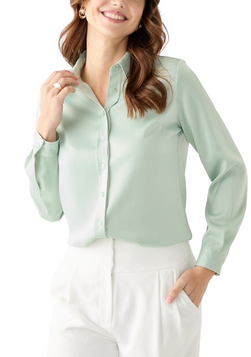 Womens Satin Button Front Long Sleeve Blouse