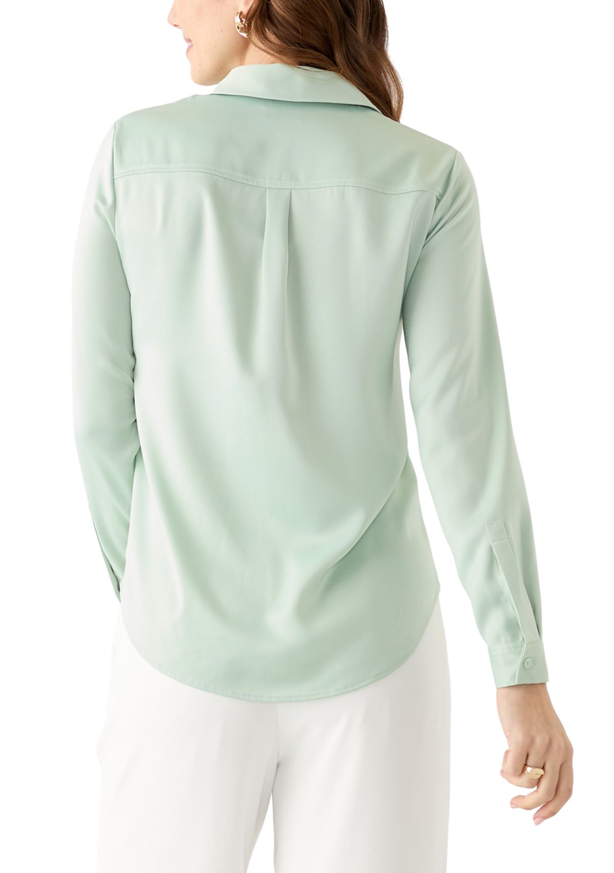 Womens Satin Button Front Long Sleeve Blouse