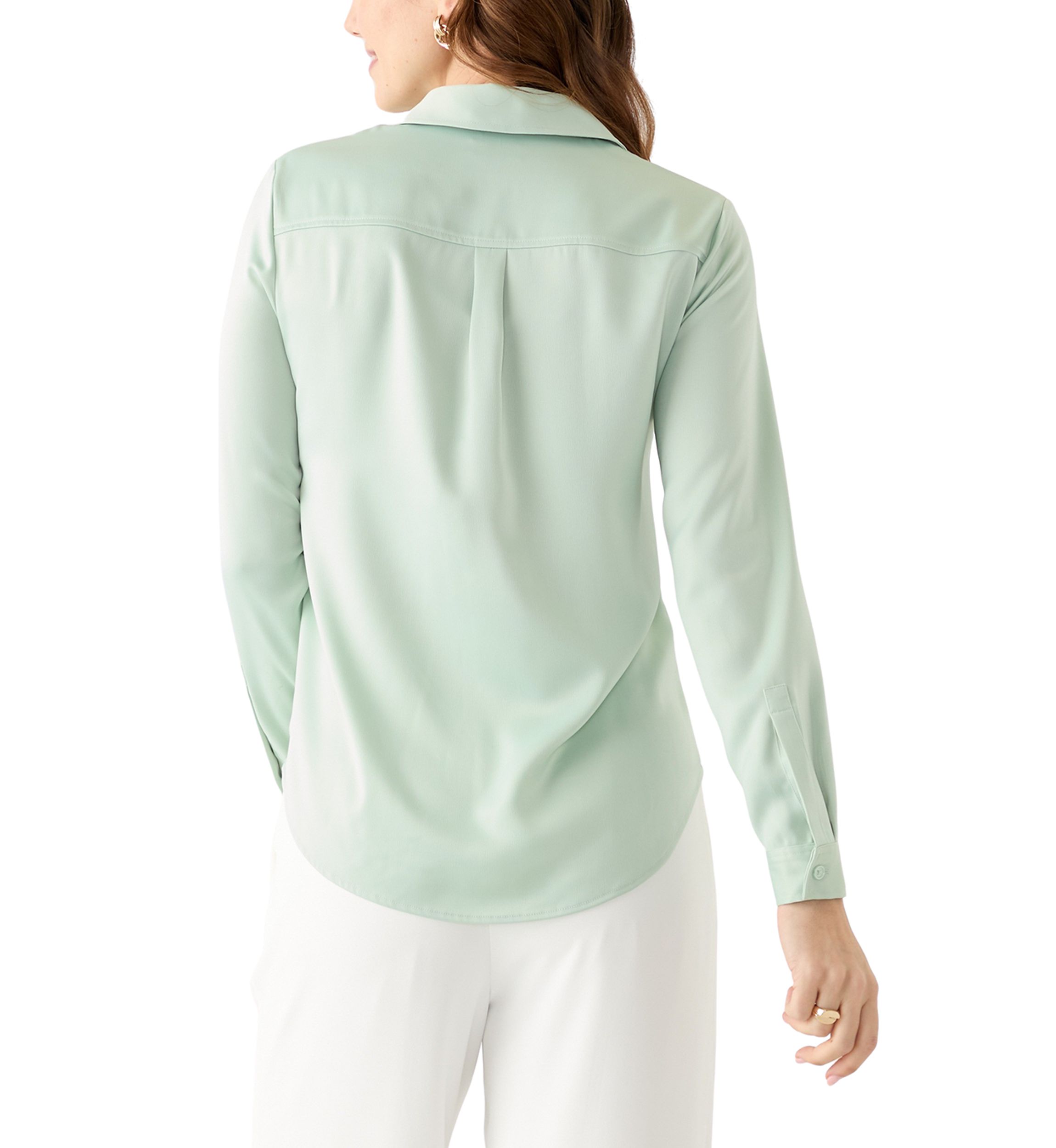 Womens Satin Button Front Long Sleeve Blouse