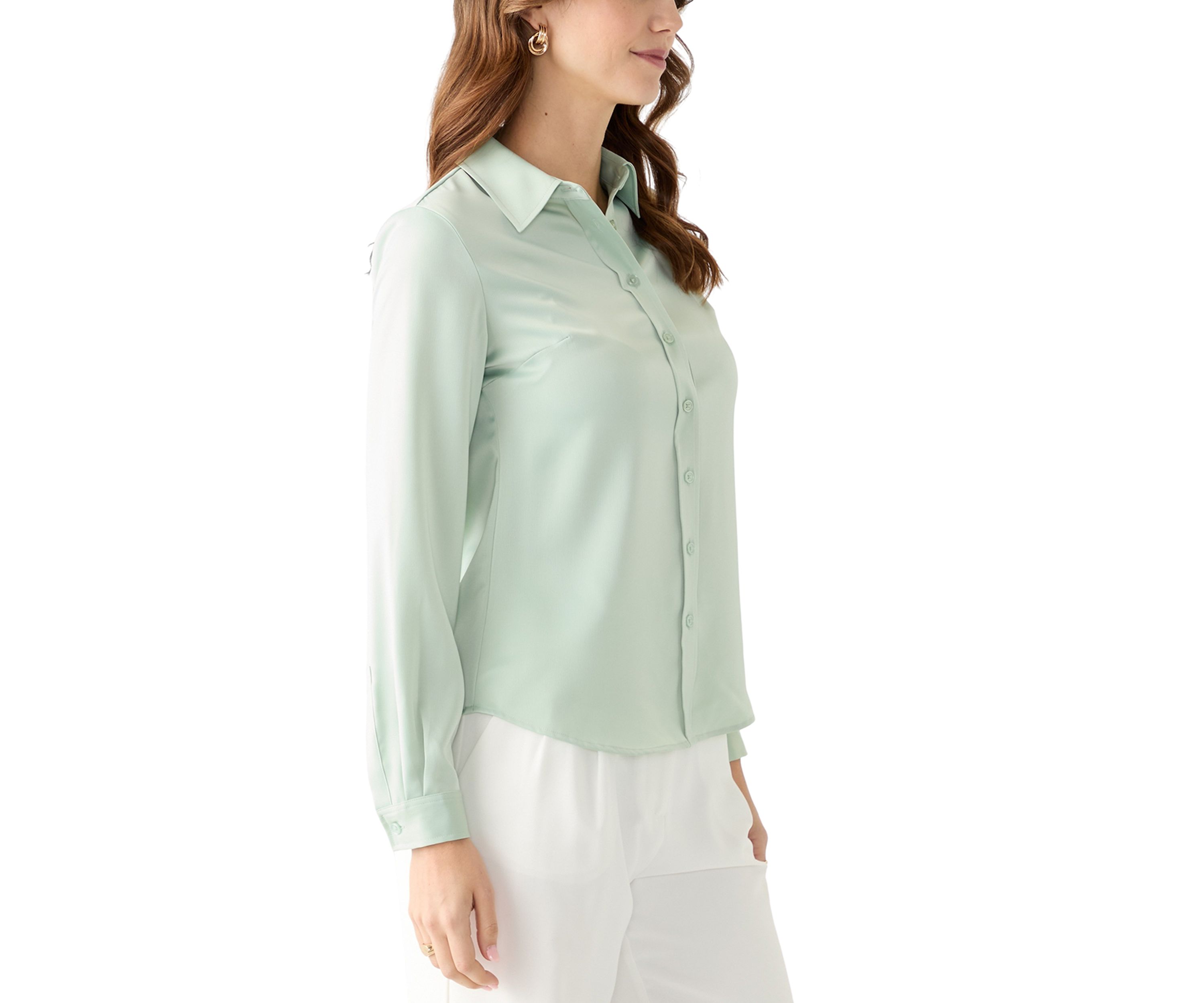 Womens Satin Button Front Long Sleeve Blouse