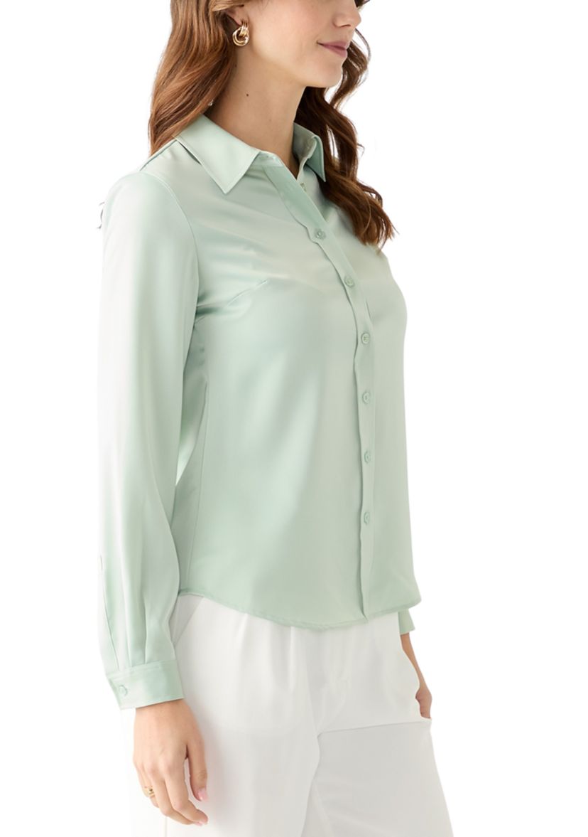 Womens Satin Button Front Long Sleeve Blouse