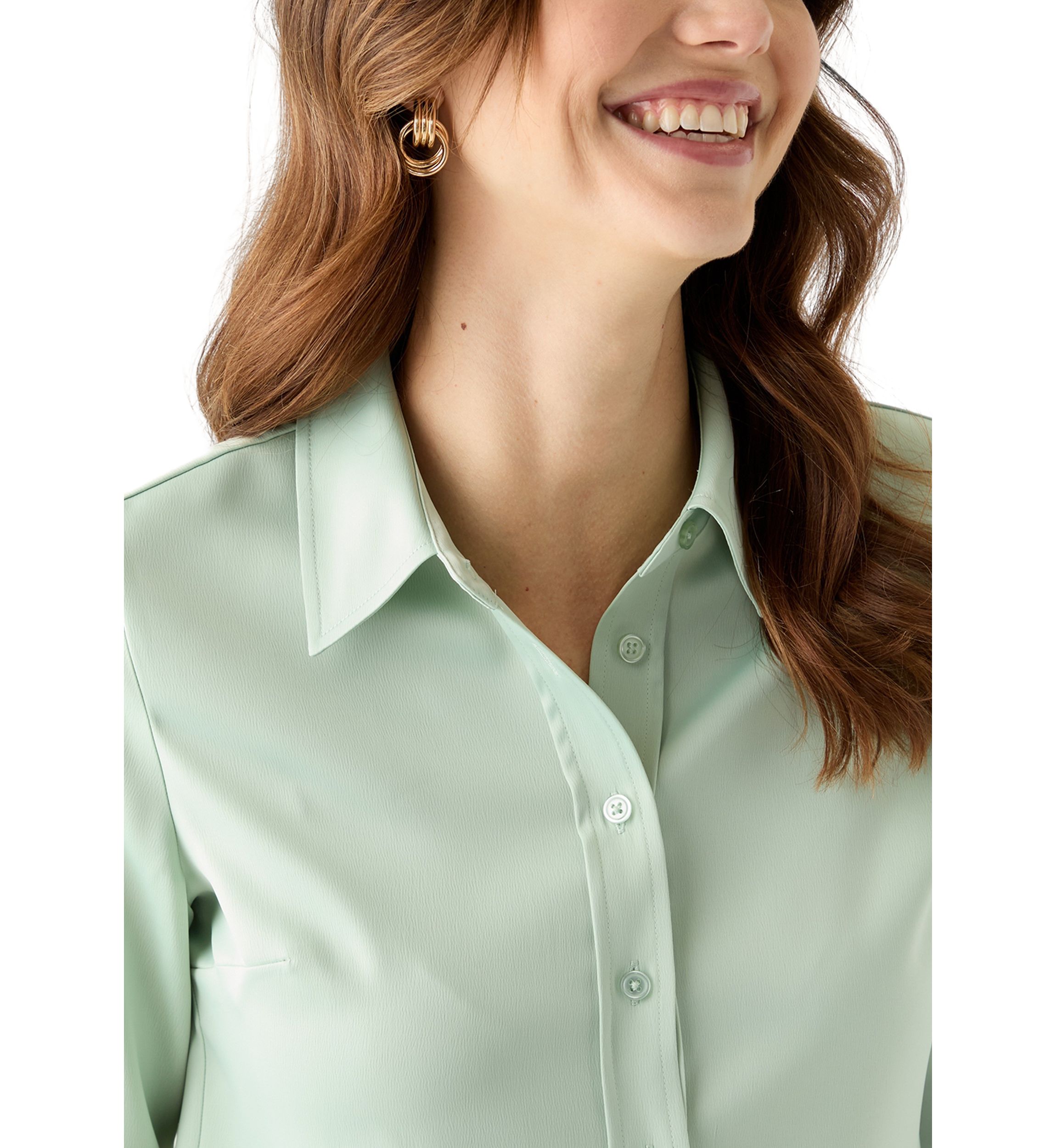 Womens Satin Button Front Long Sleeve Blouse
