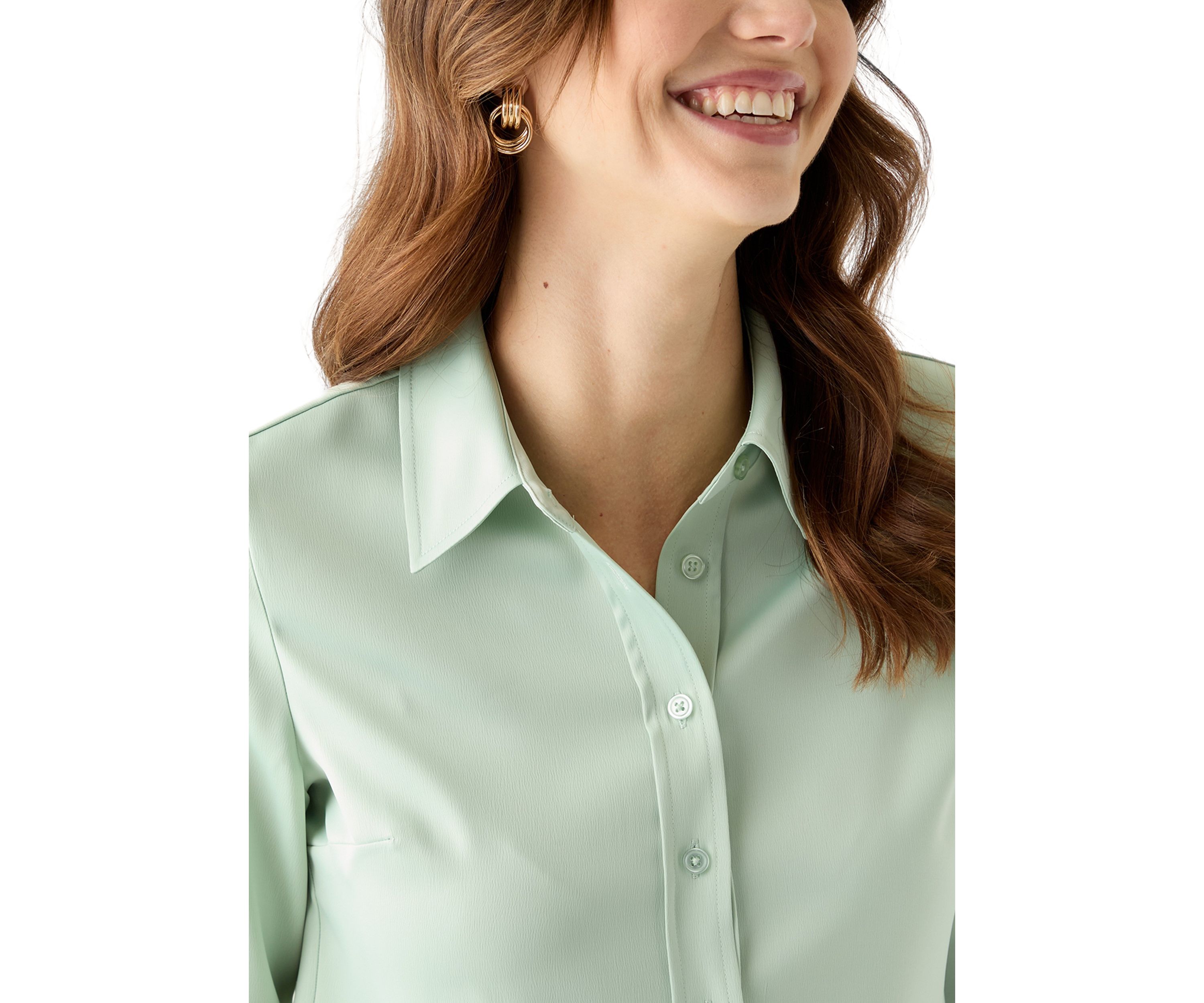 Womens Satin Button Front Long Sleeve Blouse