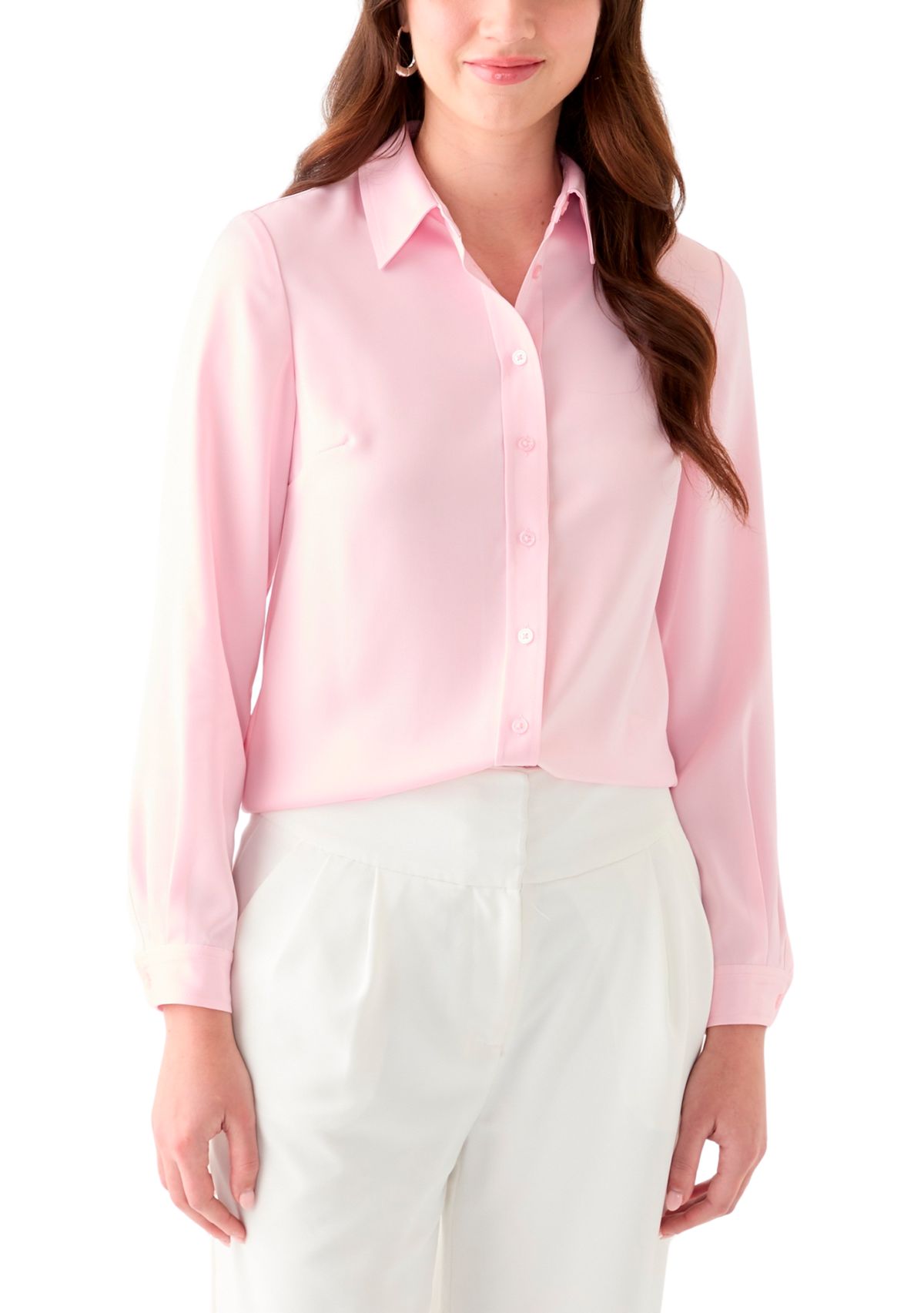 Womens Satin Button Front Long Sleeve Blouse 