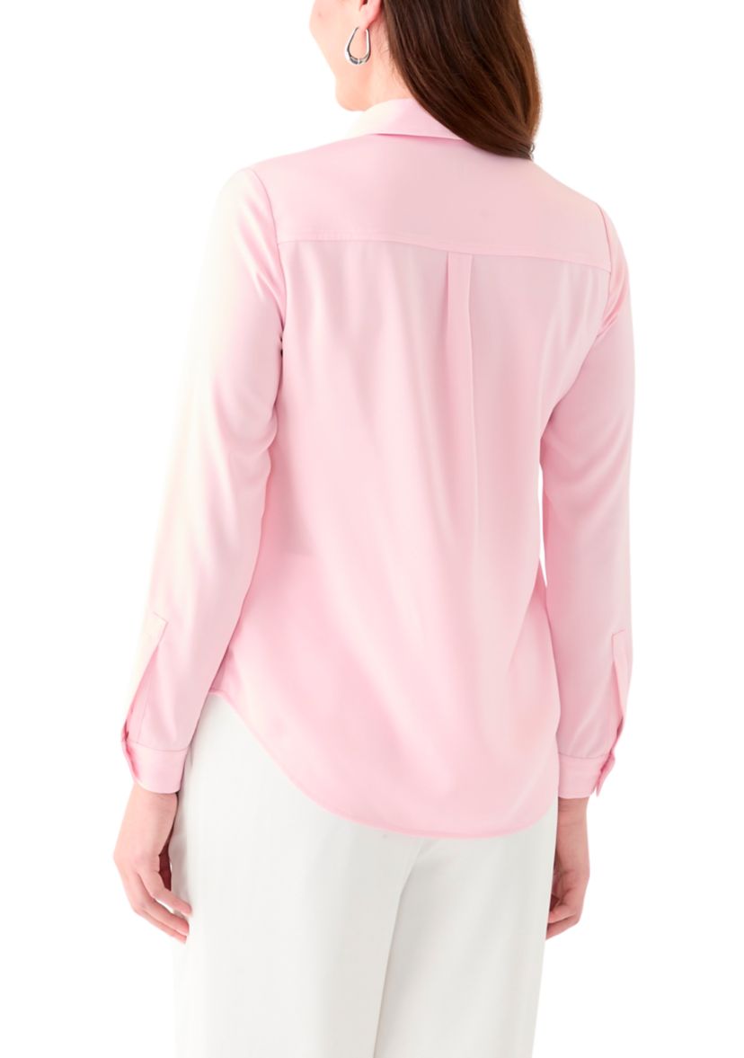 Womens Satin Button Front Long Sleeve Blouse 