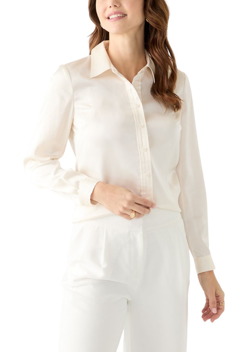 Womens Satin Button Front Long Sleeve Blouse