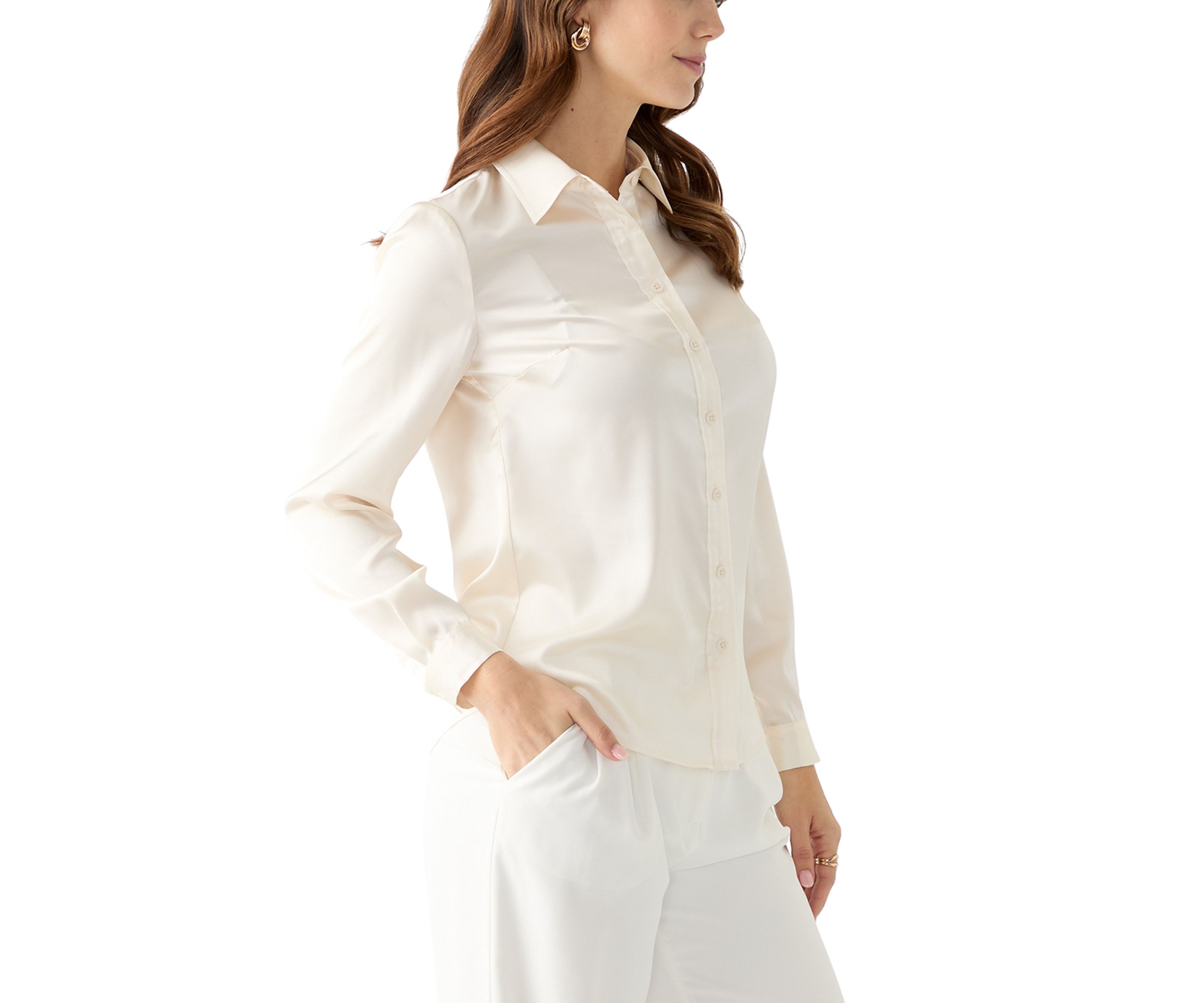Womens Satin Button Front Long Sleeve Blouse