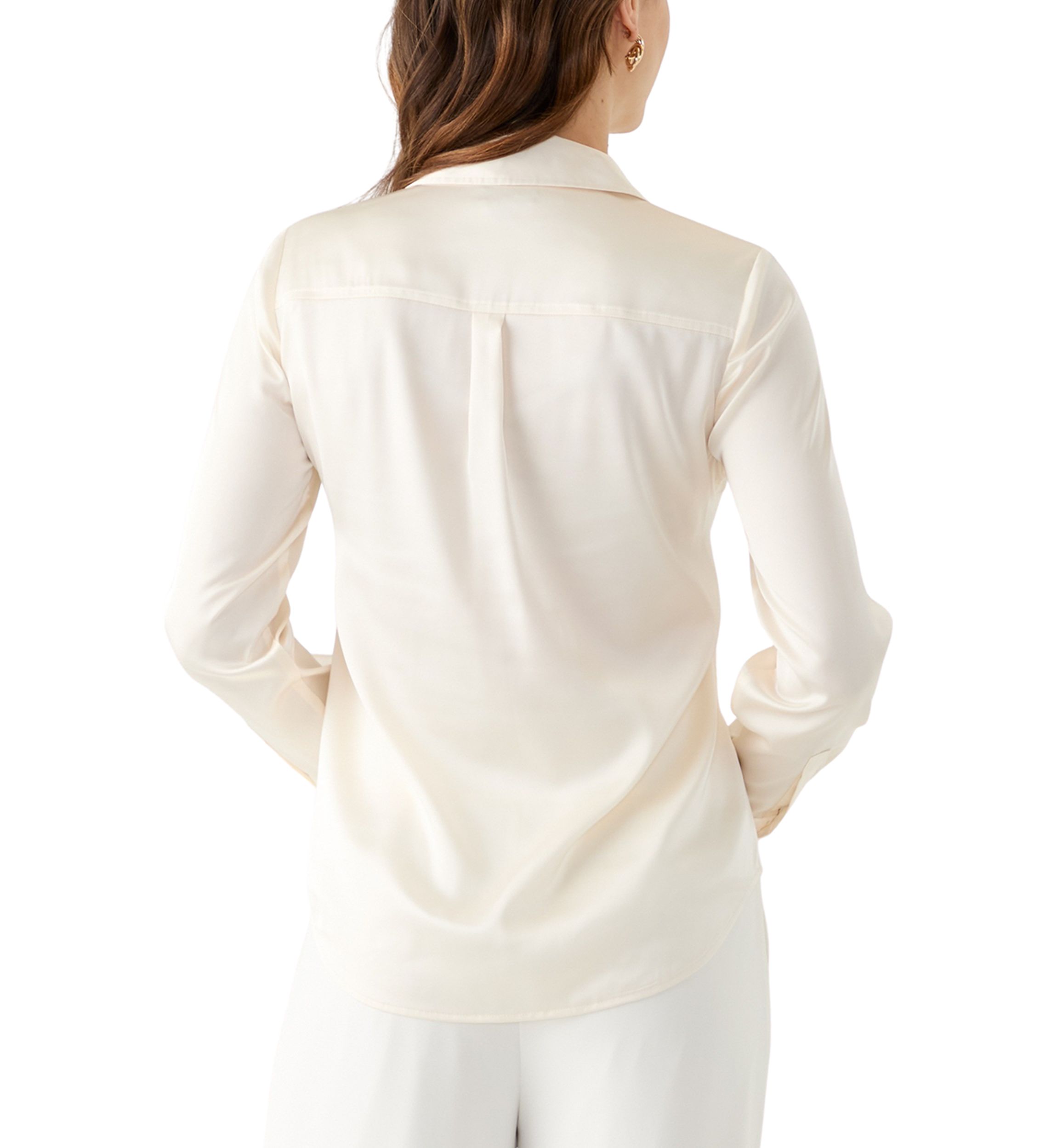 Petite Satin Button Front Long Sleeve Blouse
