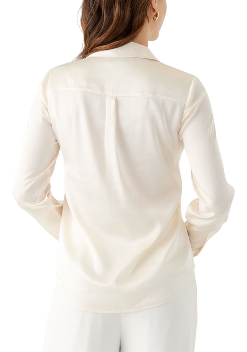 Petite Satin Button Front Long Sleeve Blouse