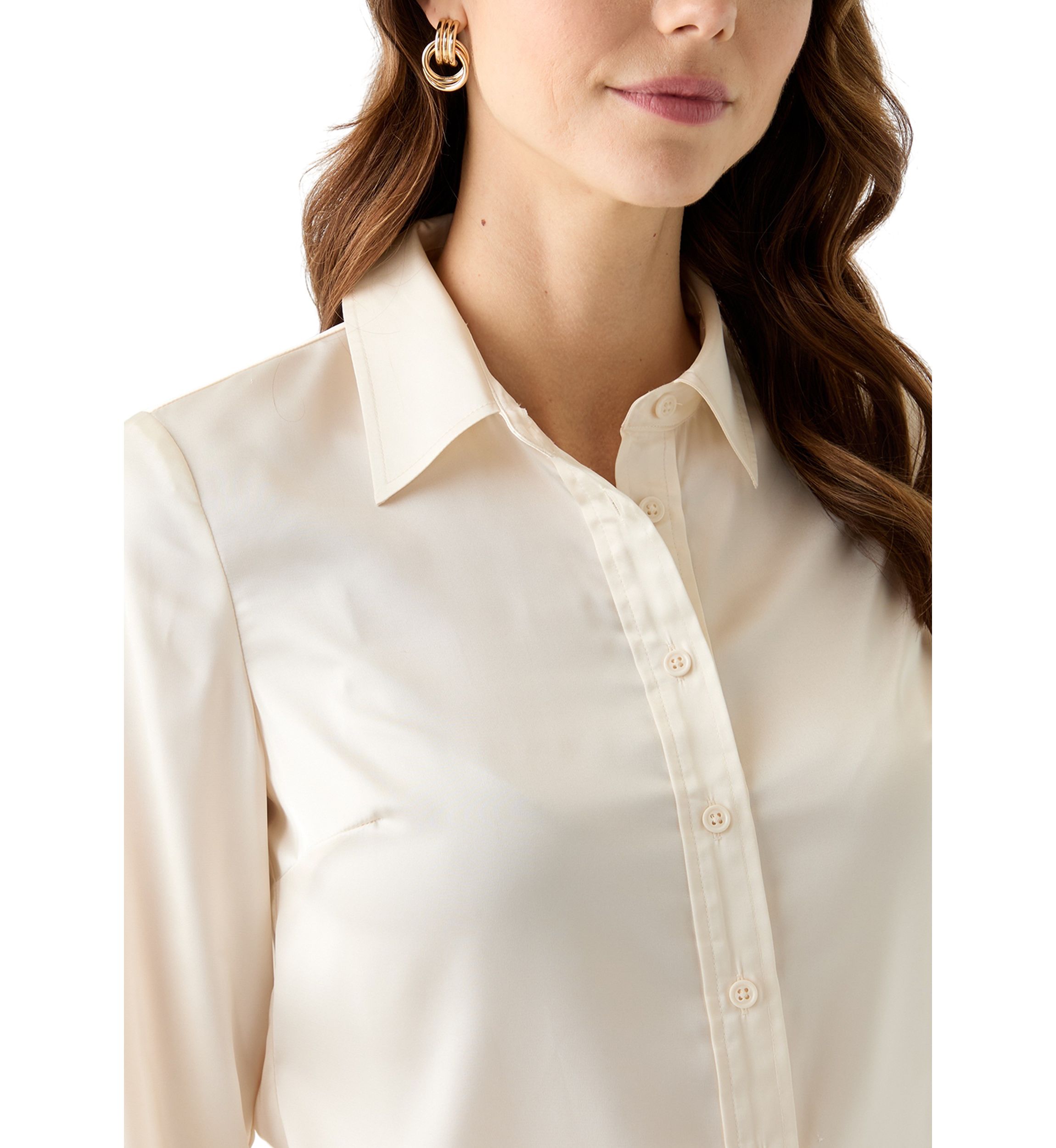 Petite Satin Button Front Long Sleeve Blouse