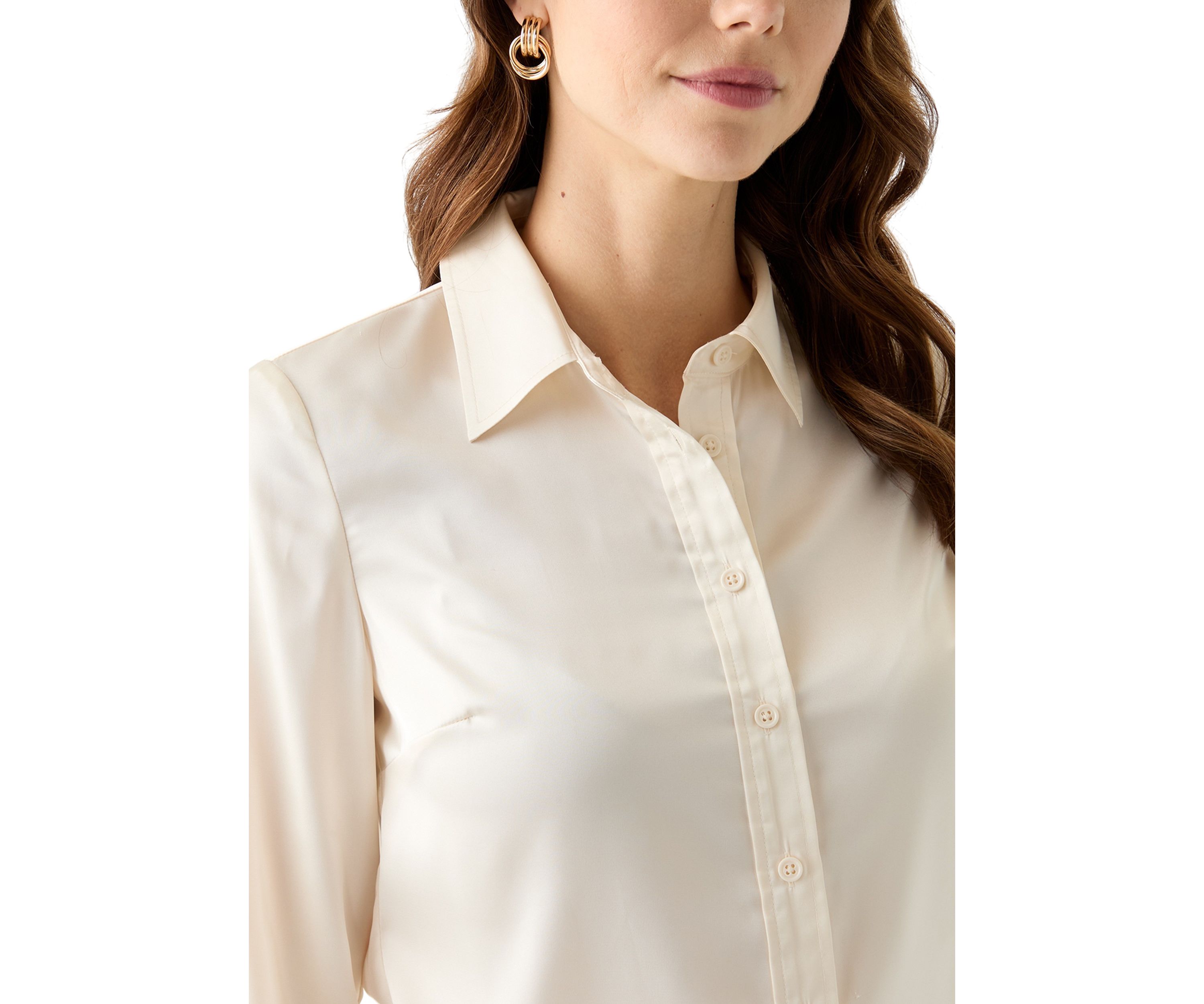 Petite Satin Button Front Long Sleeve Blouse