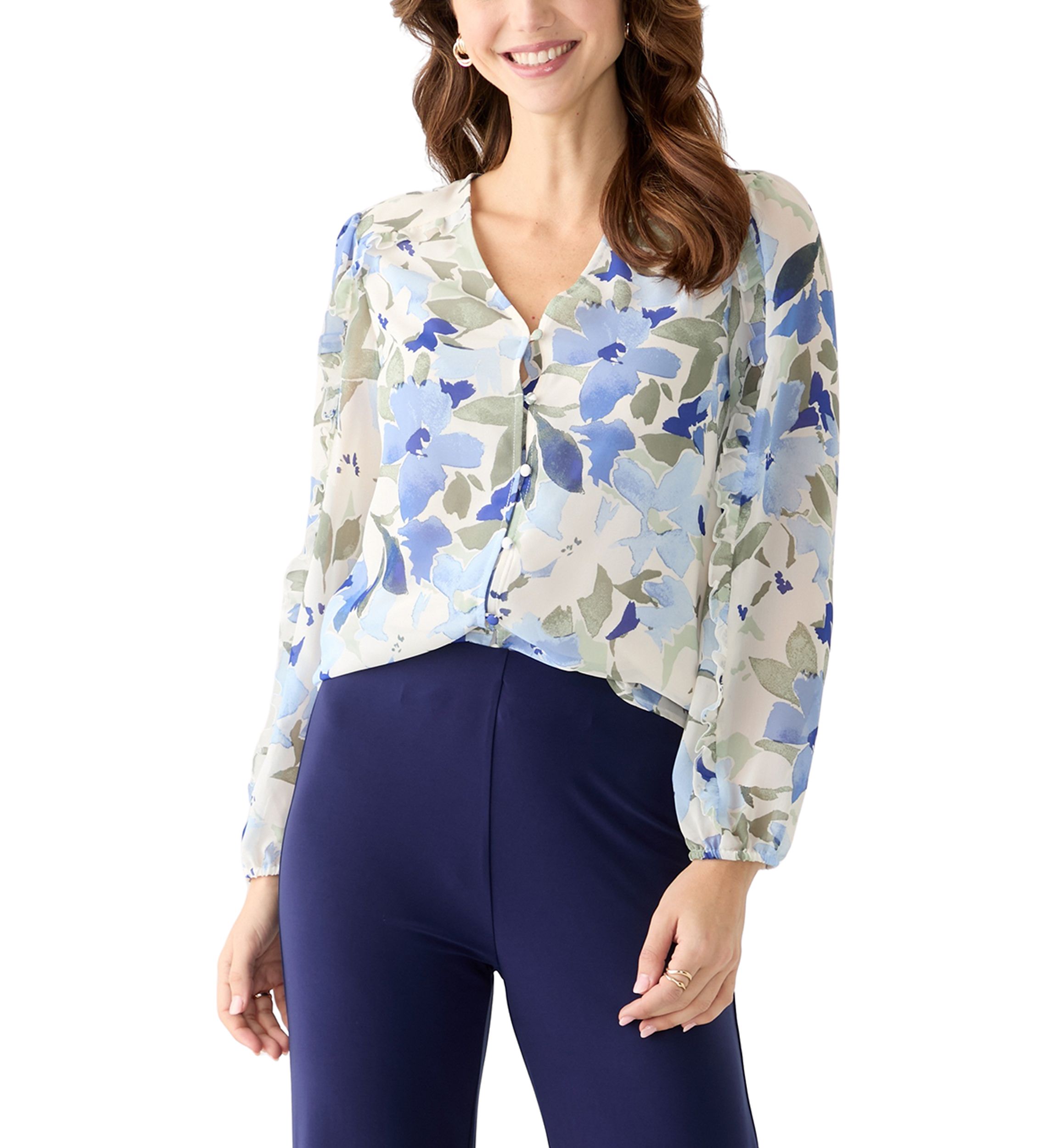 Womens Floral Print Button Front Blouse with Blouson Sleeves