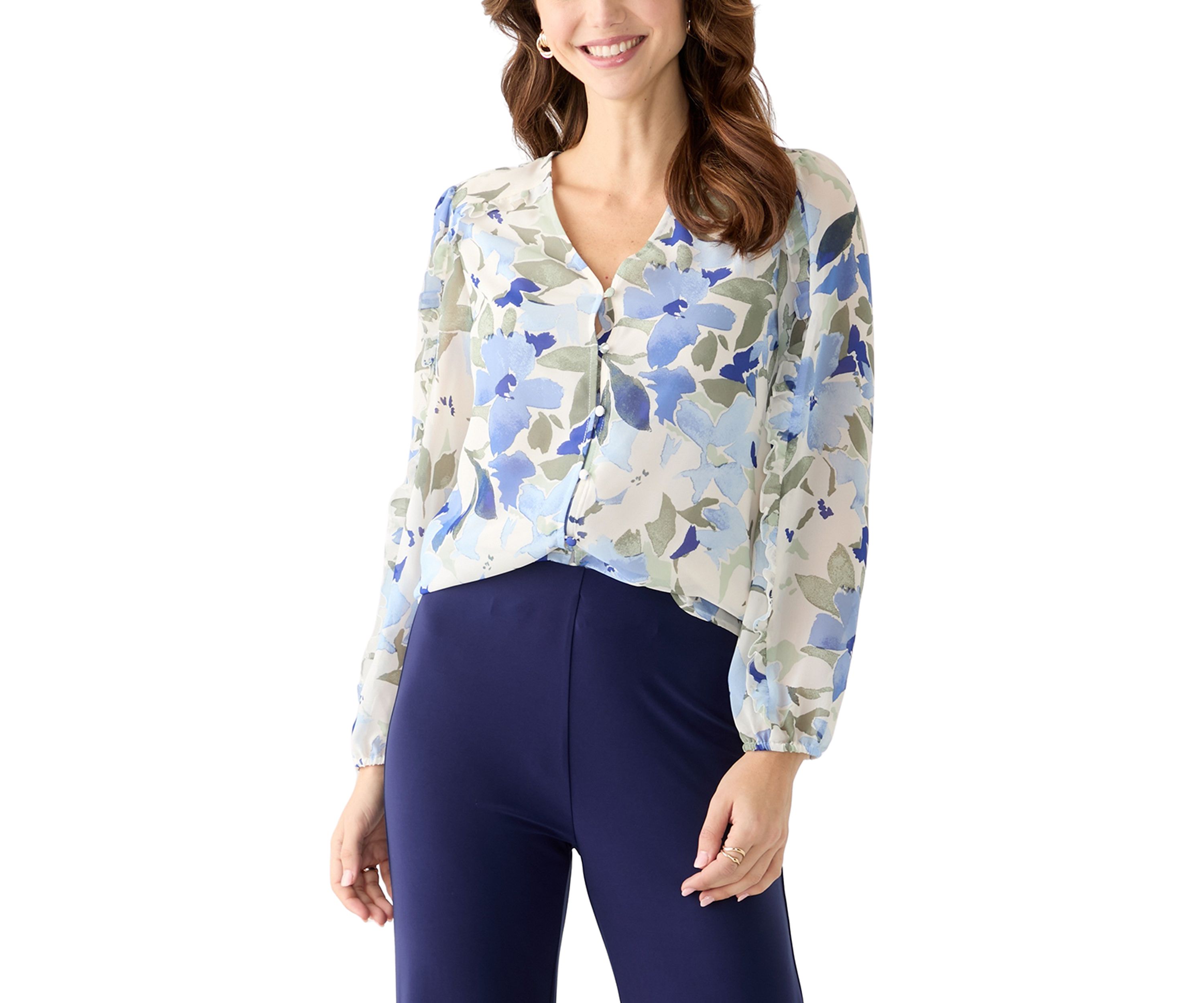 Womens Floral Print Button Front Blouse with Blouson Sleeves