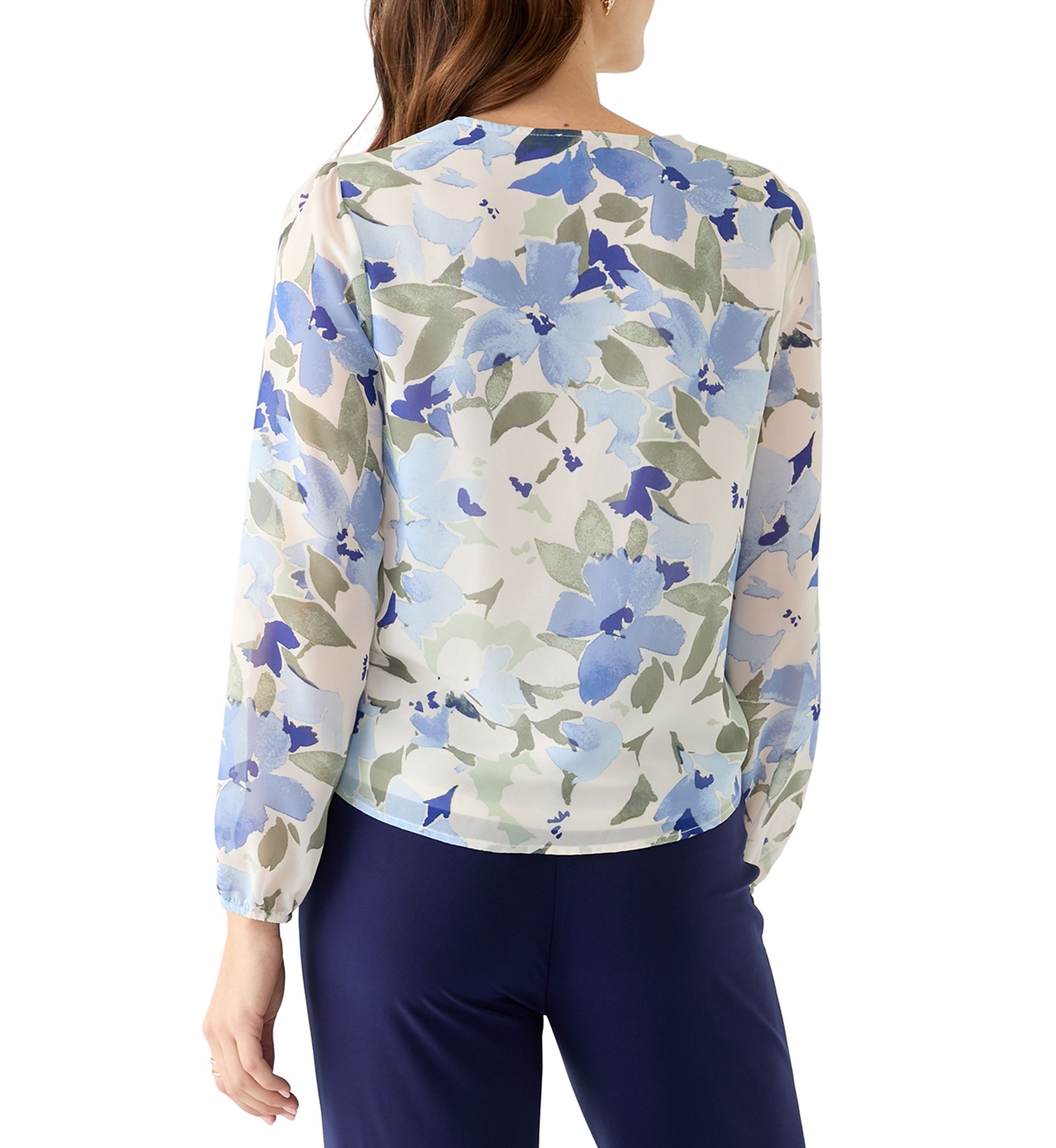 Womens Floral Print Button Front Blouse with Blouson Sleeves