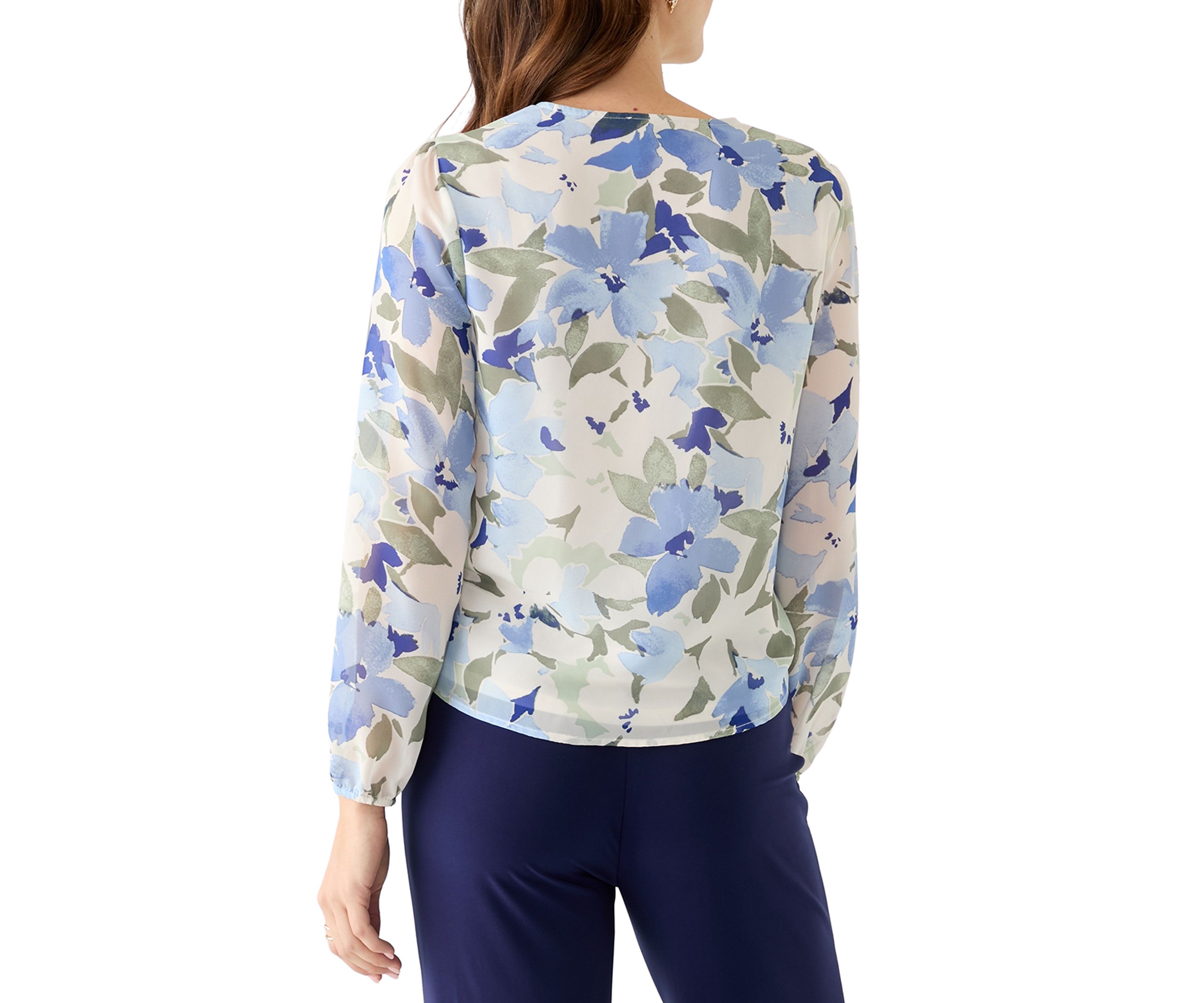 Womens Floral Print Button Front Blouse with Blouson Sleeves