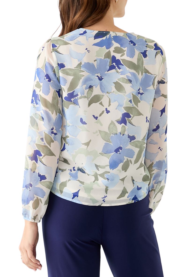 Womens Floral Print Button Front Blouse with Blouson Sleeves