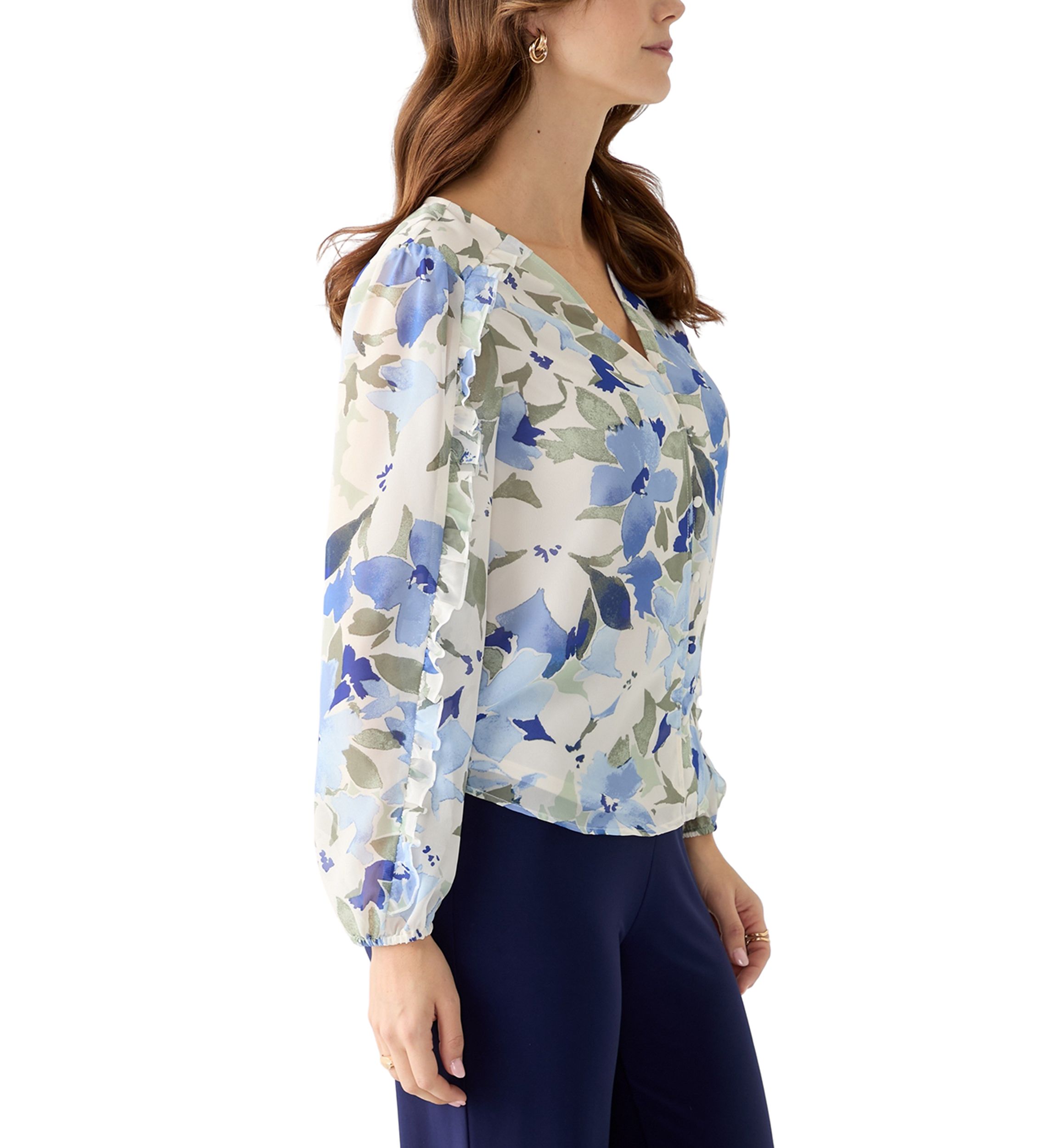 Womens Floral Print Button Front Blouse with Blouson Sleeves