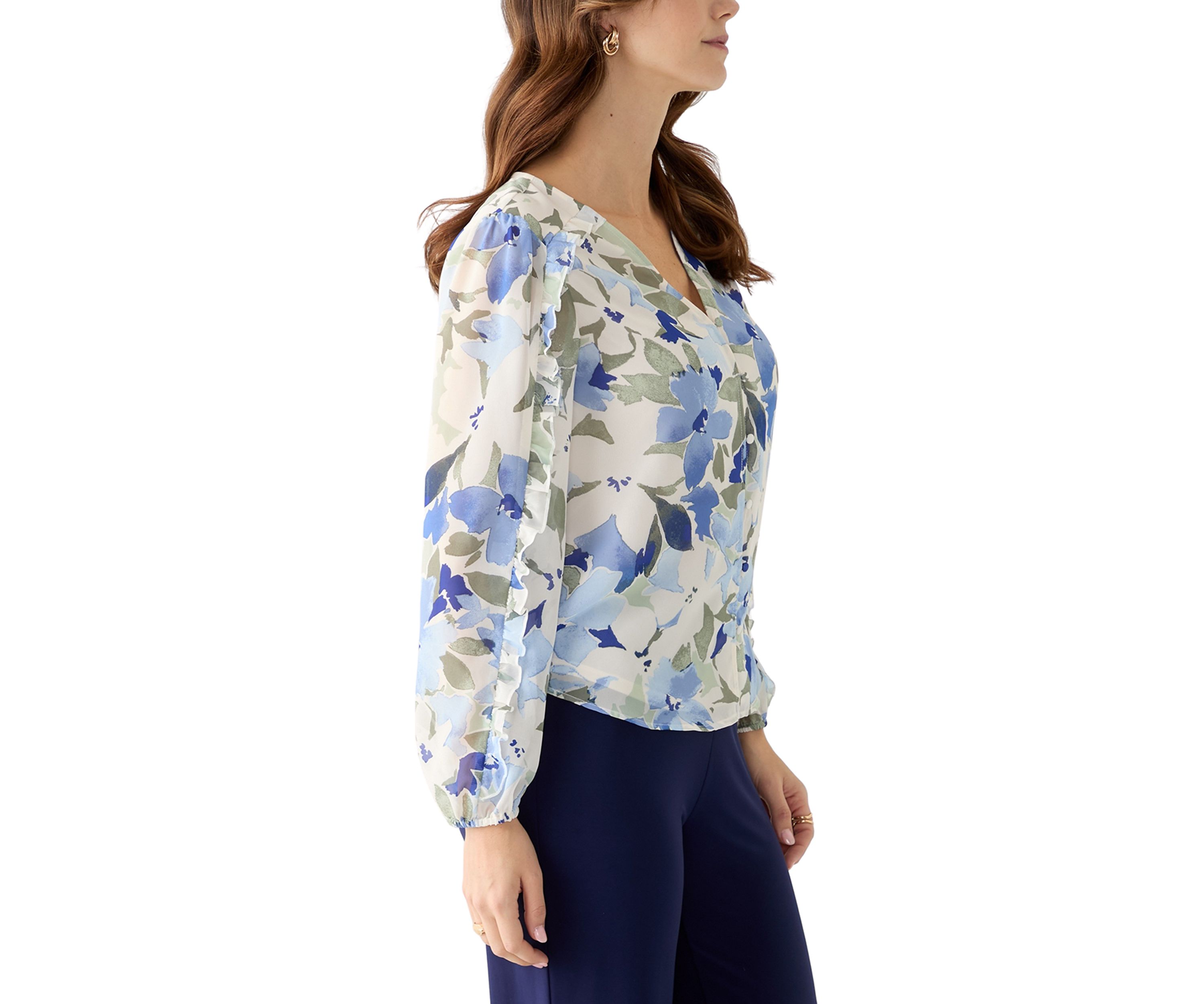 Womens Floral Print Button Front Blouse with Blouson Sleeves