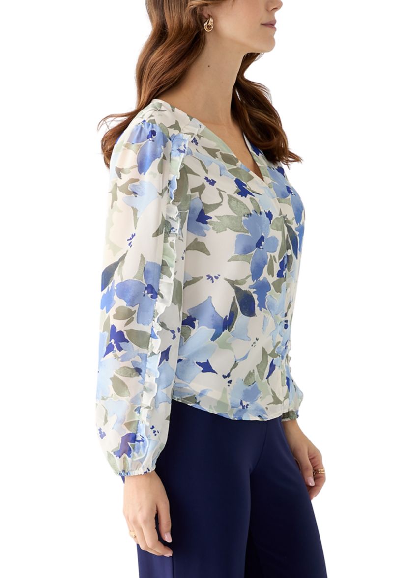 Womens Floral Print Button Front Blouse with Blouson Sleeves
