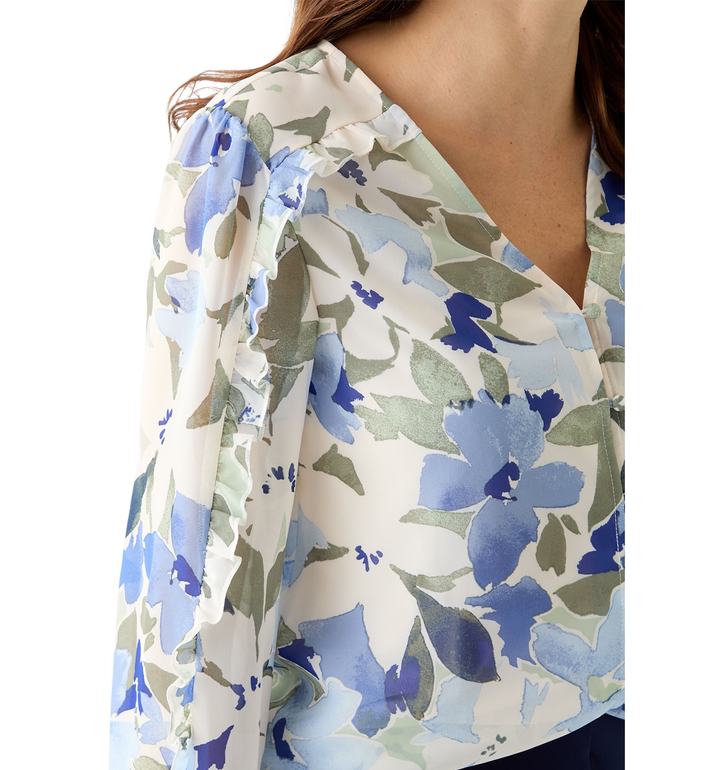 Womens Floral Print Button Front Blouse with Blouson Sleeves
