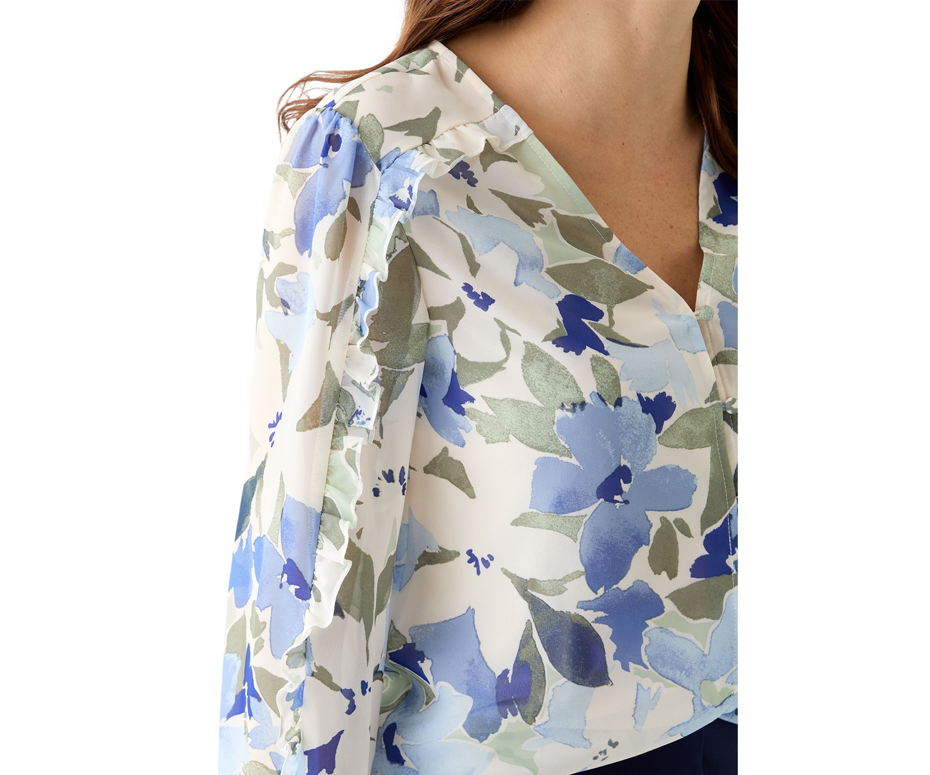 Womens Floral Print Button Front Blouse with Blouson Sleeves