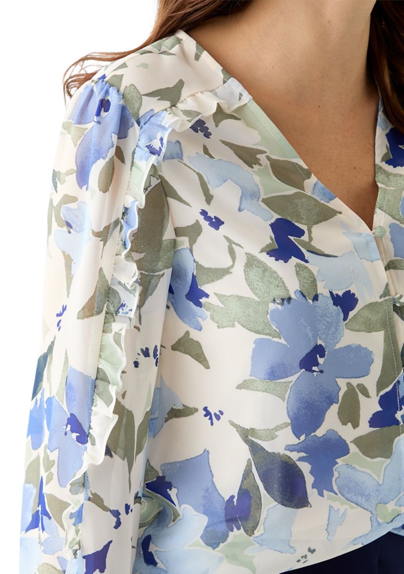 Womens Floral Print Button Front Blouse with Blouson Sleeves