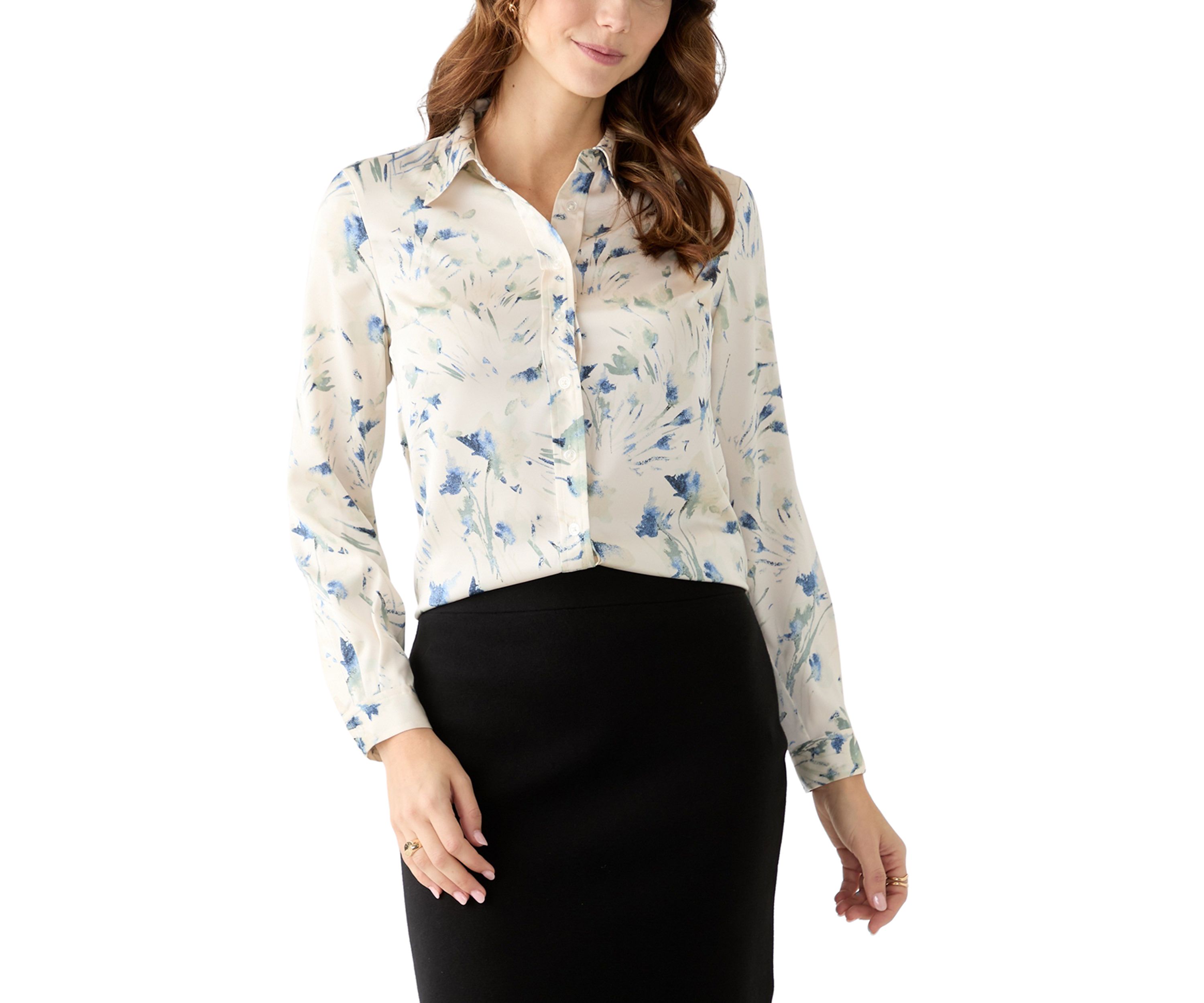 Womens Floral Print Button Front Long Sleeve Blouse