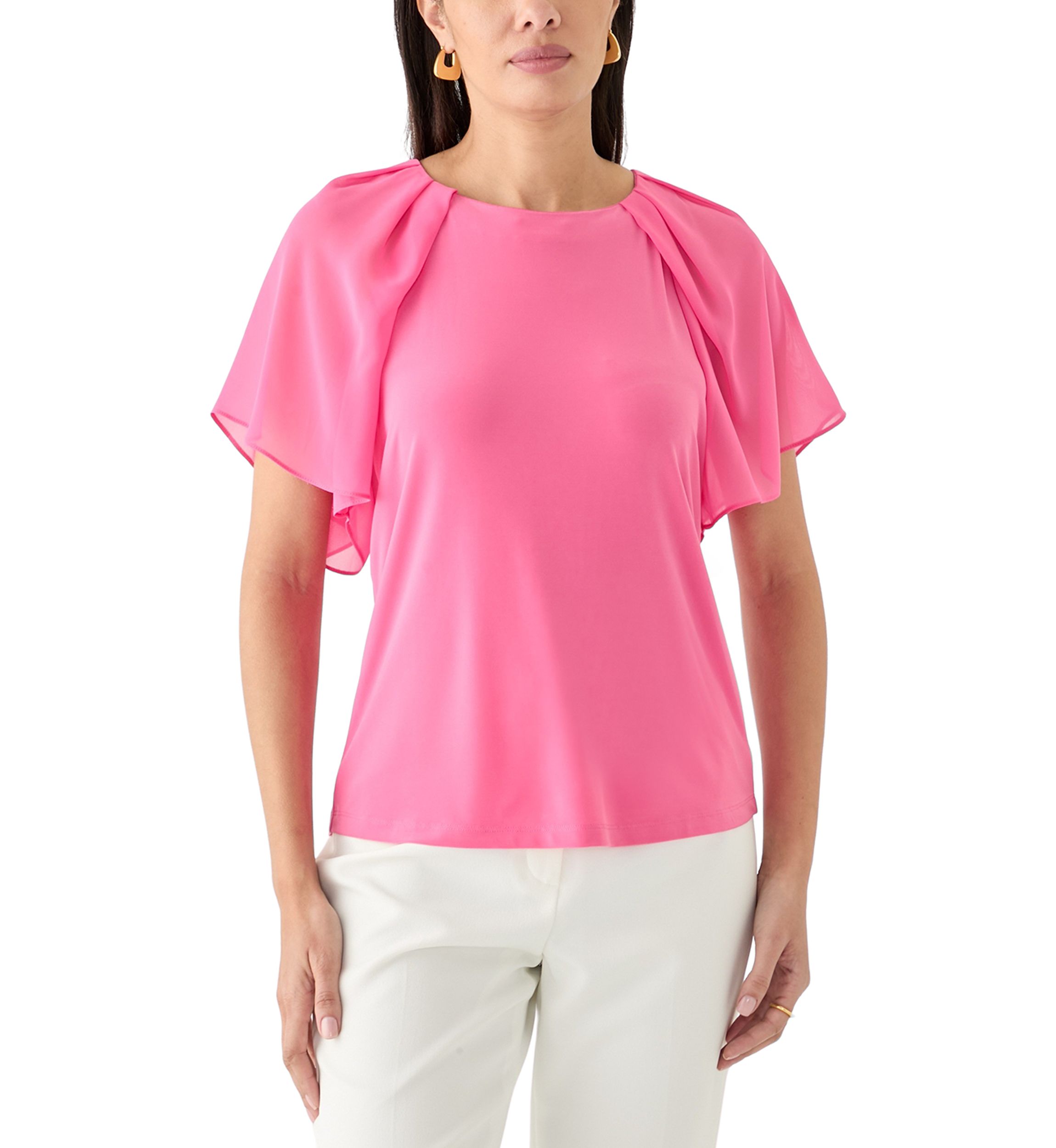 Womens Mixed Media Flutter Sleeve Knit Top