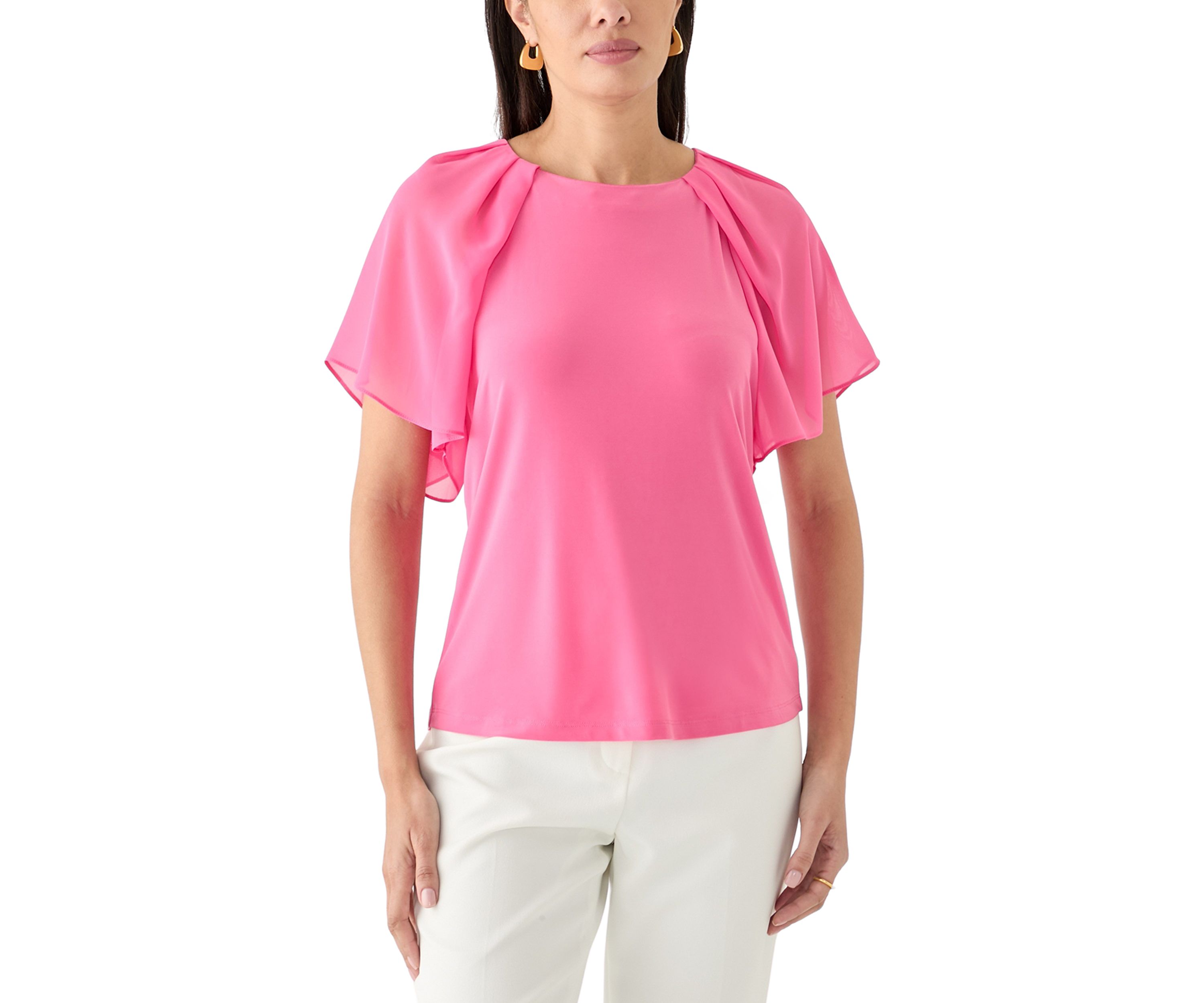 Womens Mixed Media Flutter Sleeve Knit Top