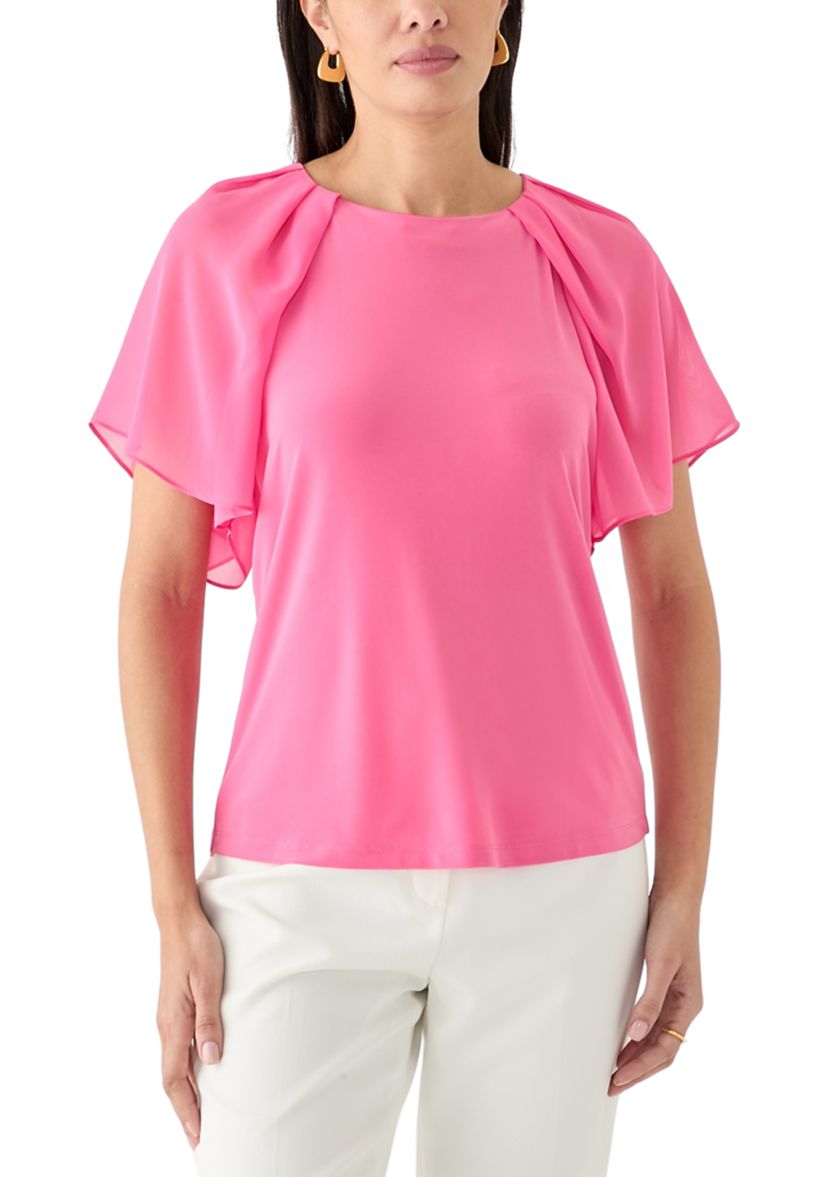 Womens Mixed Media Flutter Sleeve Knit Top