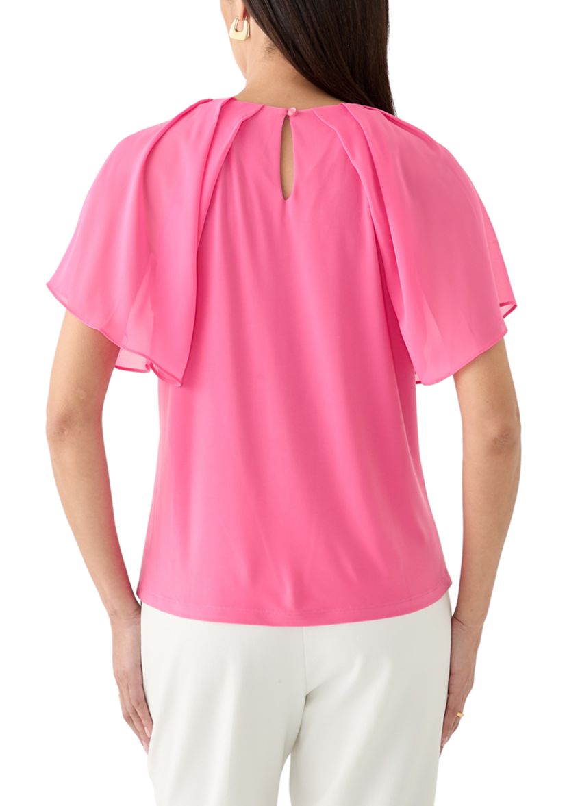 Womens Mixed Media Flutter Sleeve Knit Top
