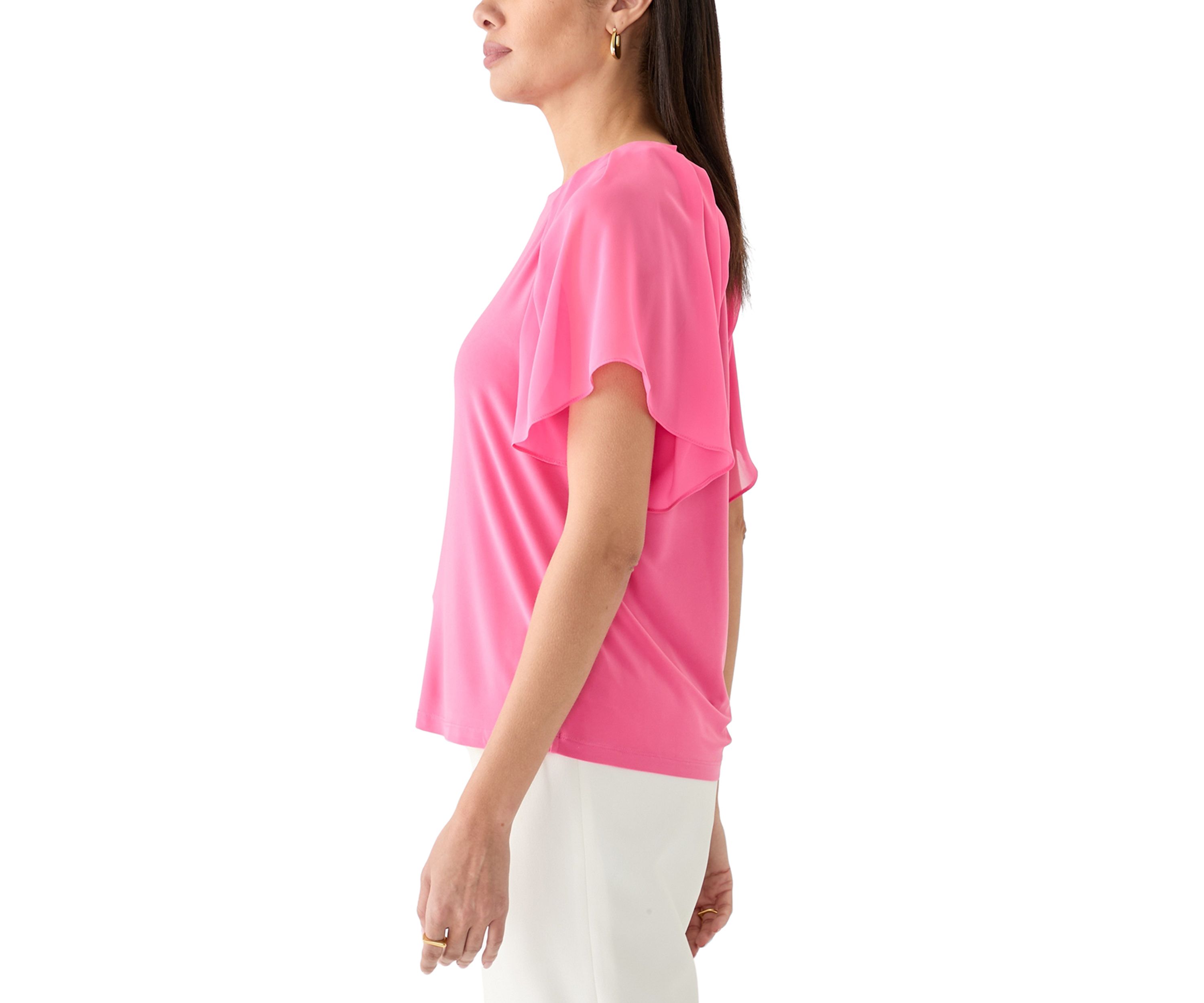 Womens Mixed Media Flutter Sleeve Knit Top