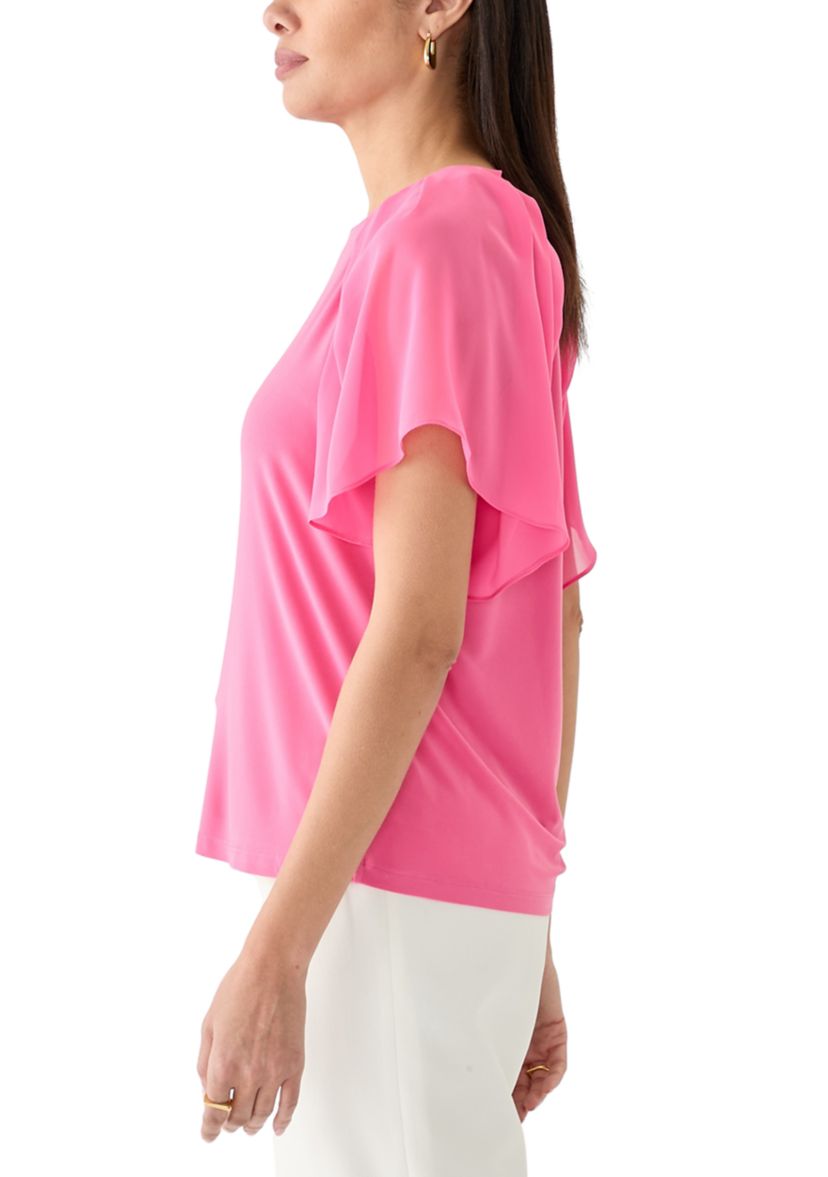 Womens Mixed Media Flutter Sleeve Knit Top