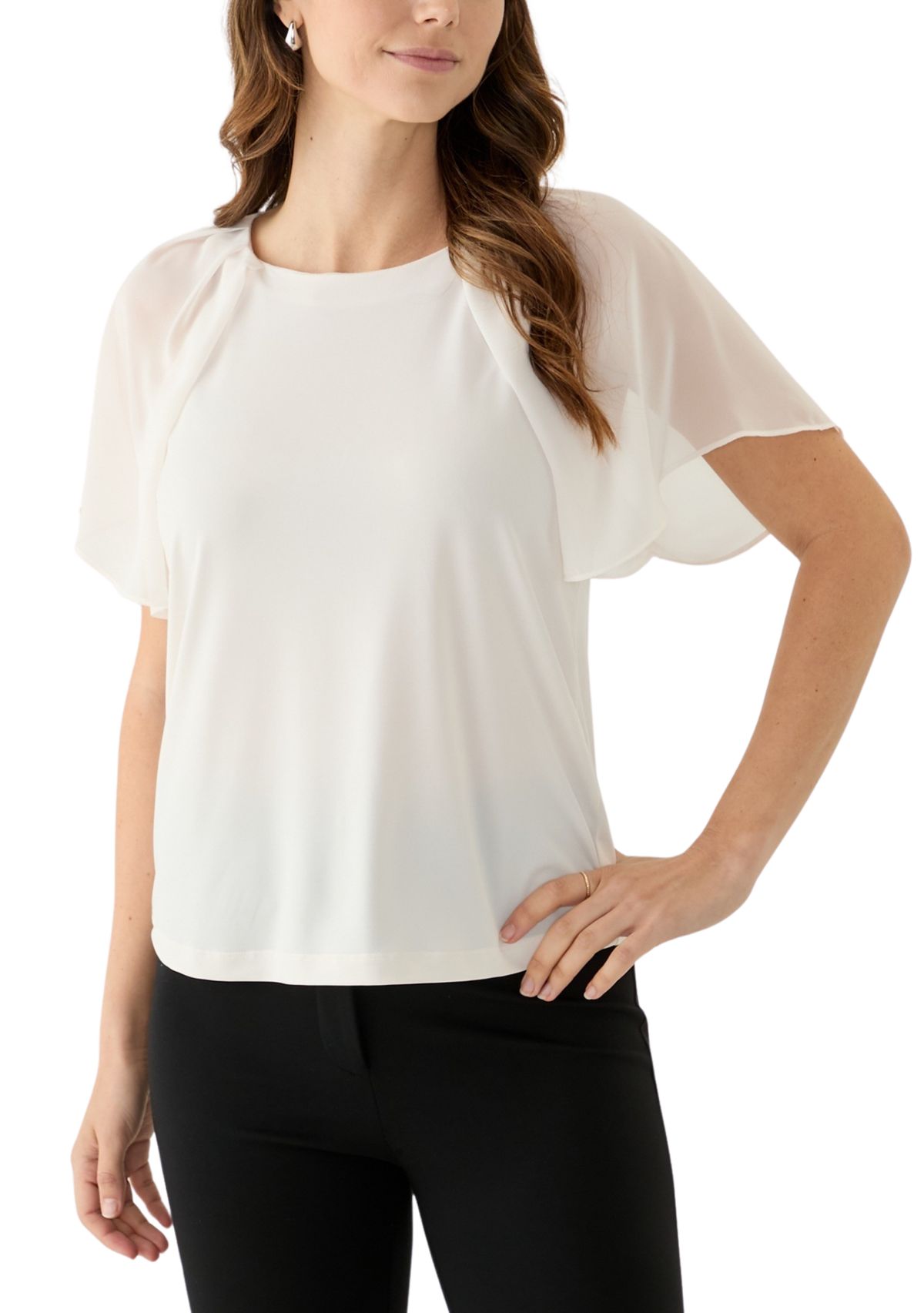 Womens Mixed Media Flutter Sleeve Knit Top