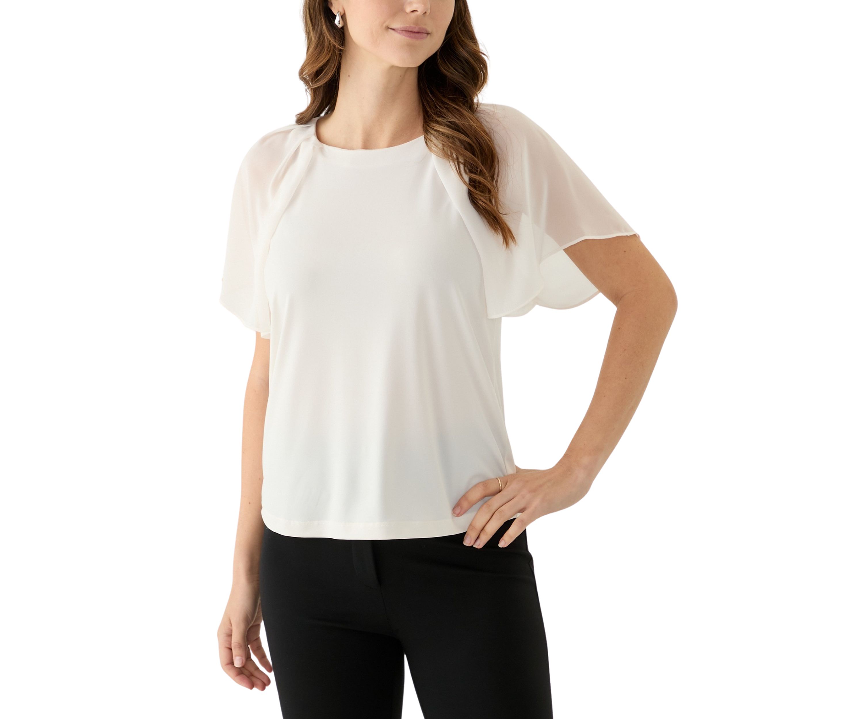Womens Mixed Media Flutter Sleeve Knit Top
