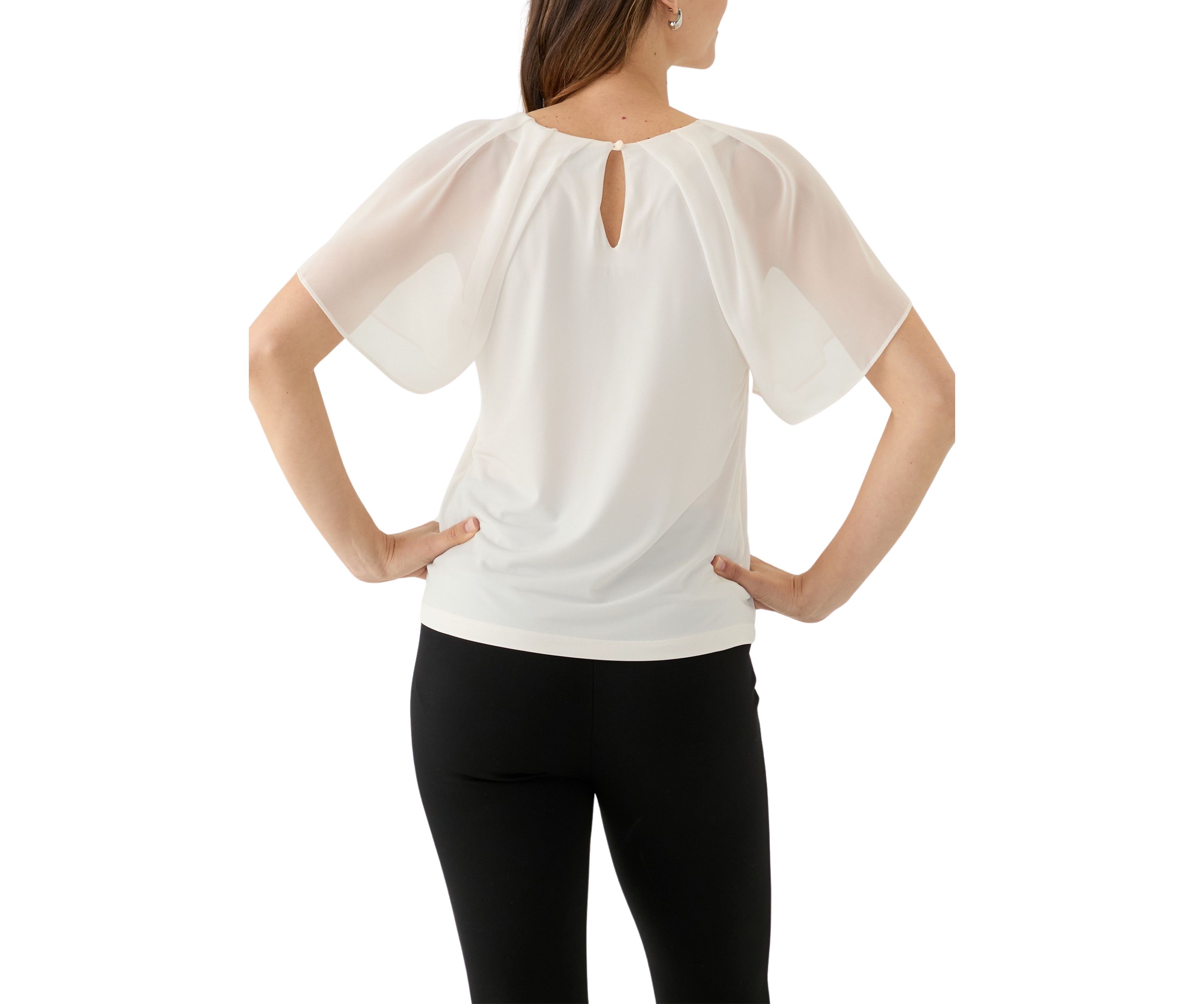 Womens Mixed Media Flutter Sleeve Knit Top